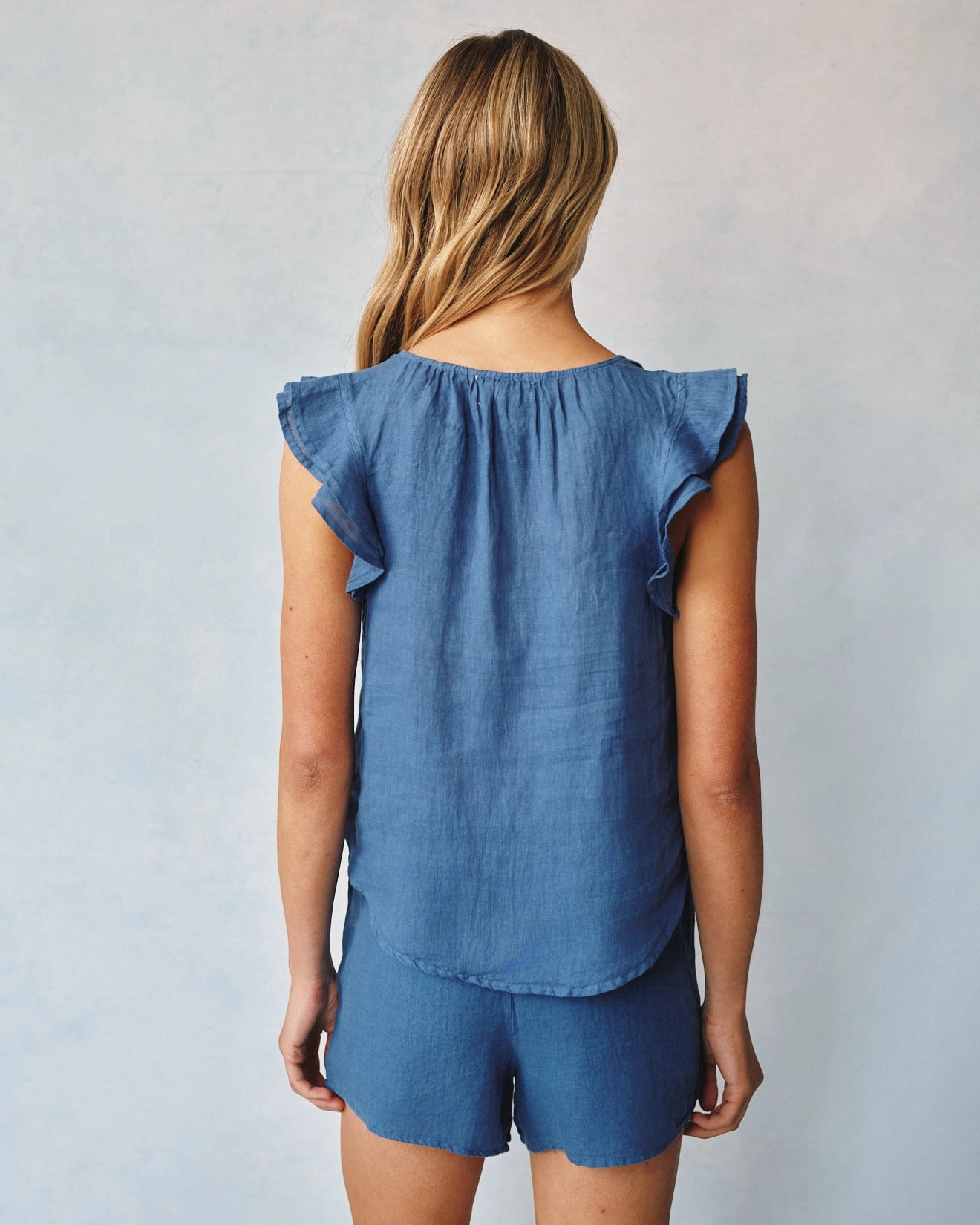 Linen Ruffle Sleeve Top - Antique Indigo