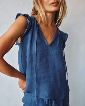 Linen Ruffle Sleeve Top - Antique Indigo