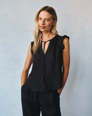 Linen Ruffle Sleeve Top - Black