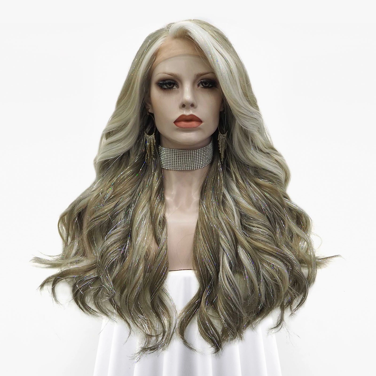 Luna - Gray White Highlighted With Silver Tinsel Synthetic Lace Front Wig