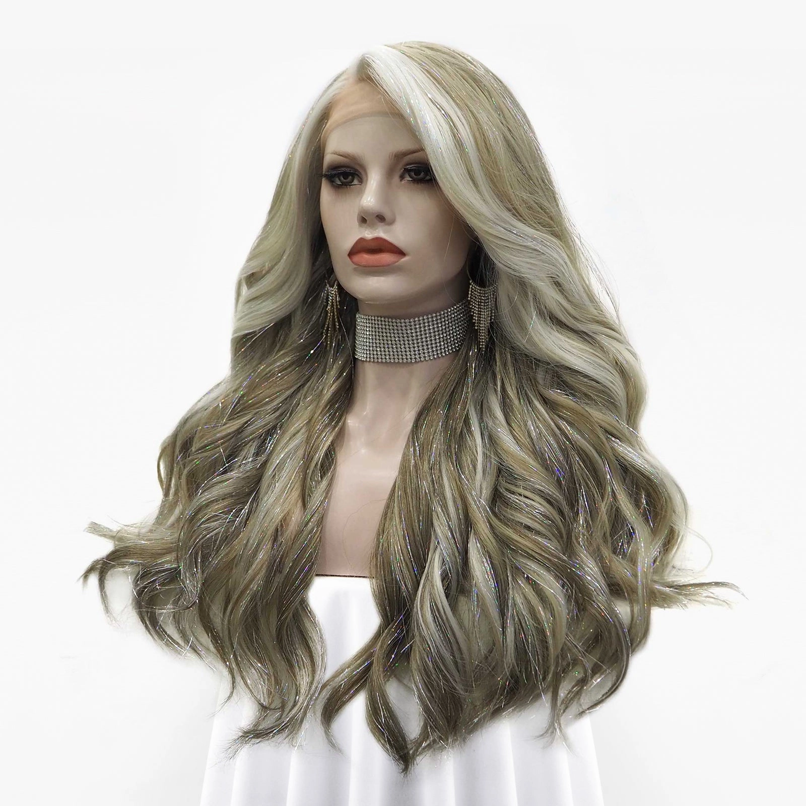 Luna - Gray White Highlighted With Silver Tinsel Synthetic Lace Front Wig