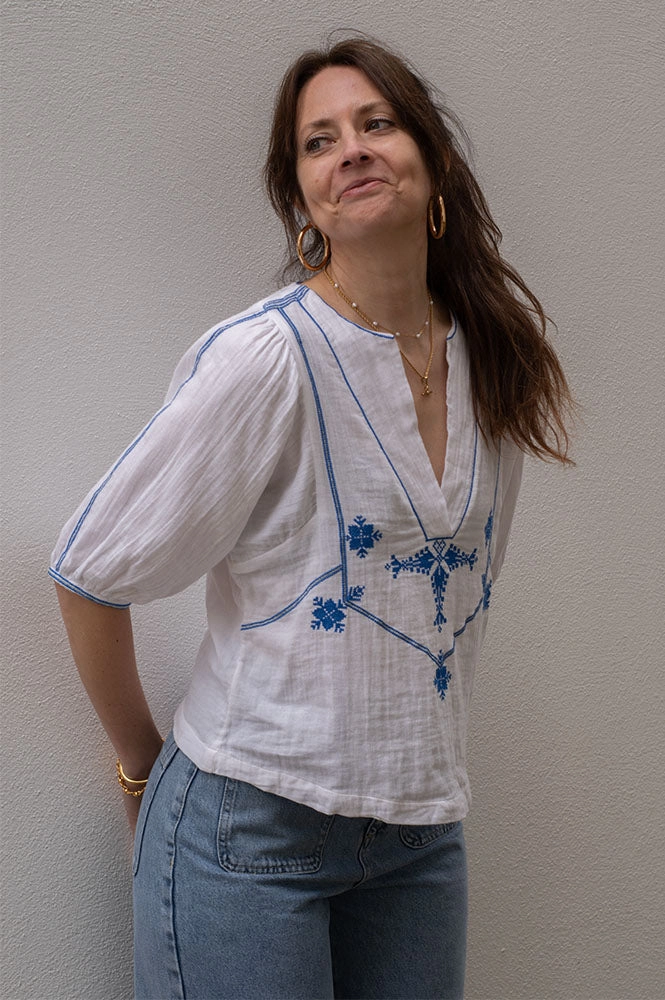 M.A.B.E Vivien Embroidered Blue Blouse