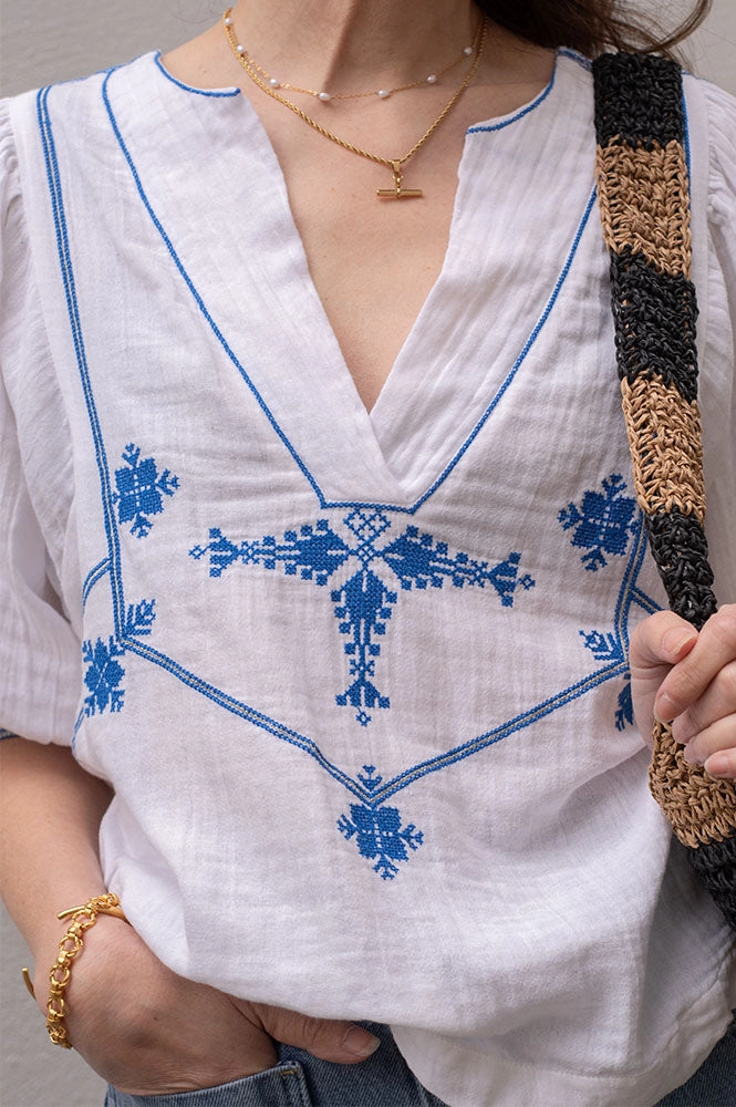 M.A.B.E Vivien Embroidered Blue Blouse