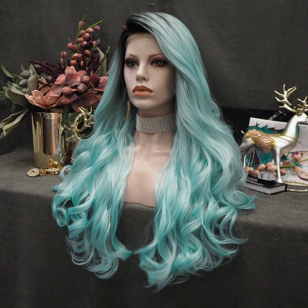 Nicole - Baby Blue With Dark Root Long Loose Wave Synthetic Lace Front Wig