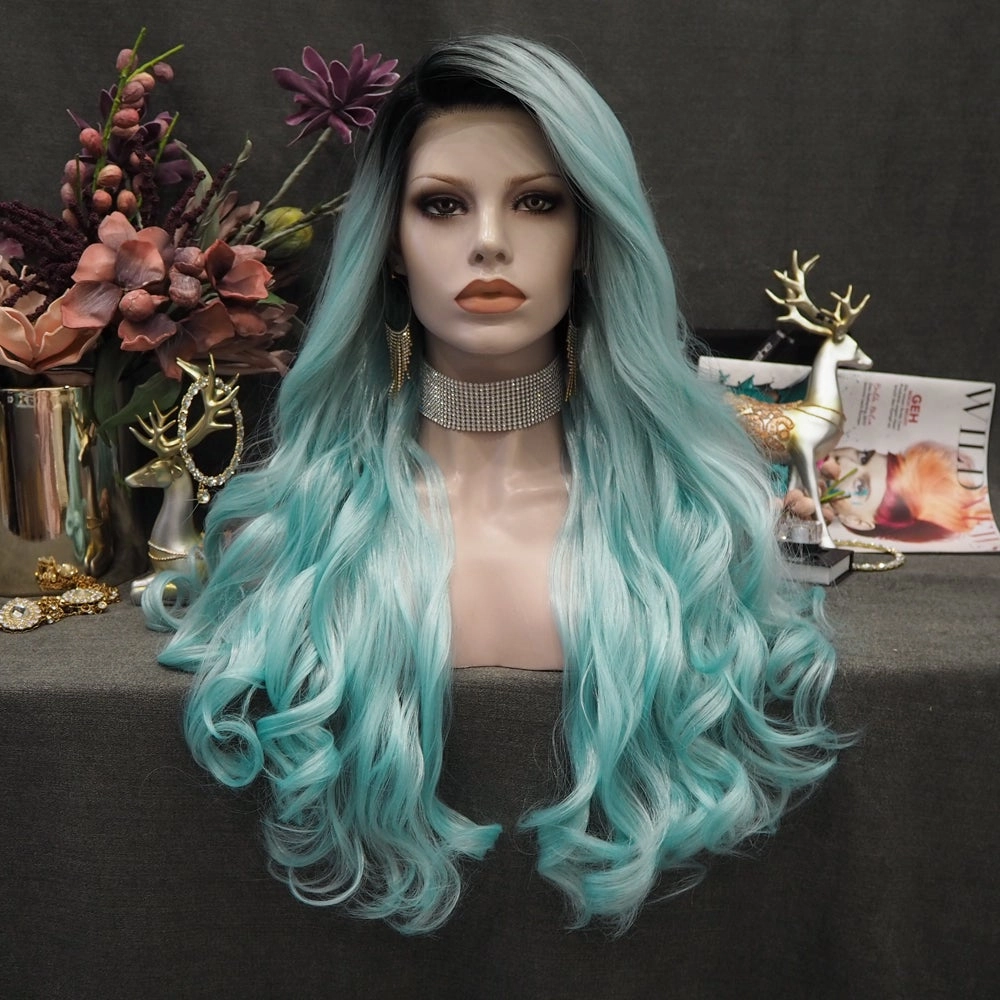 Nicole - Baby Blue With Dark Root Long Loose Wave Synthetic Lace Front Wig