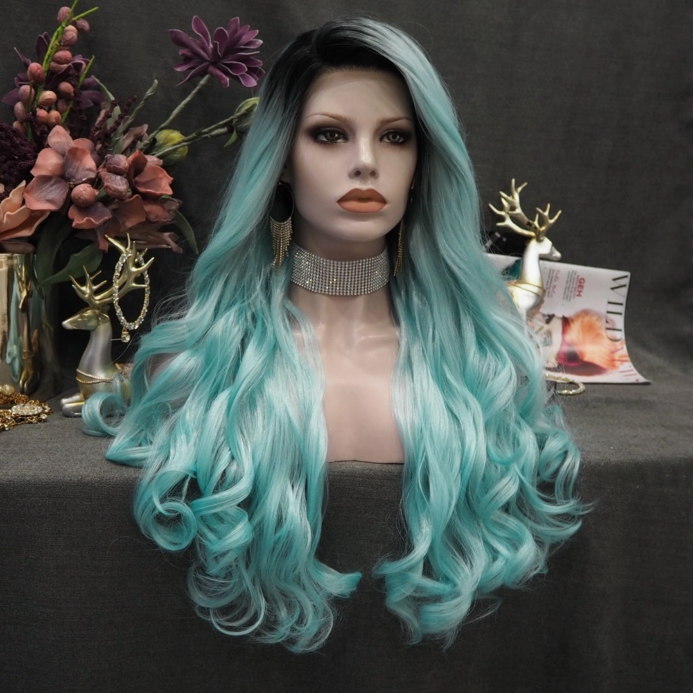 Nicole - Baby Blue With Dark Root Long Loose Wave Synthetic Lace Front Wig