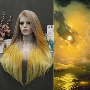 Rita - Light Red to Blonde Green Ombre with Tinsel Long Straight Synthetic Lace Front Wig