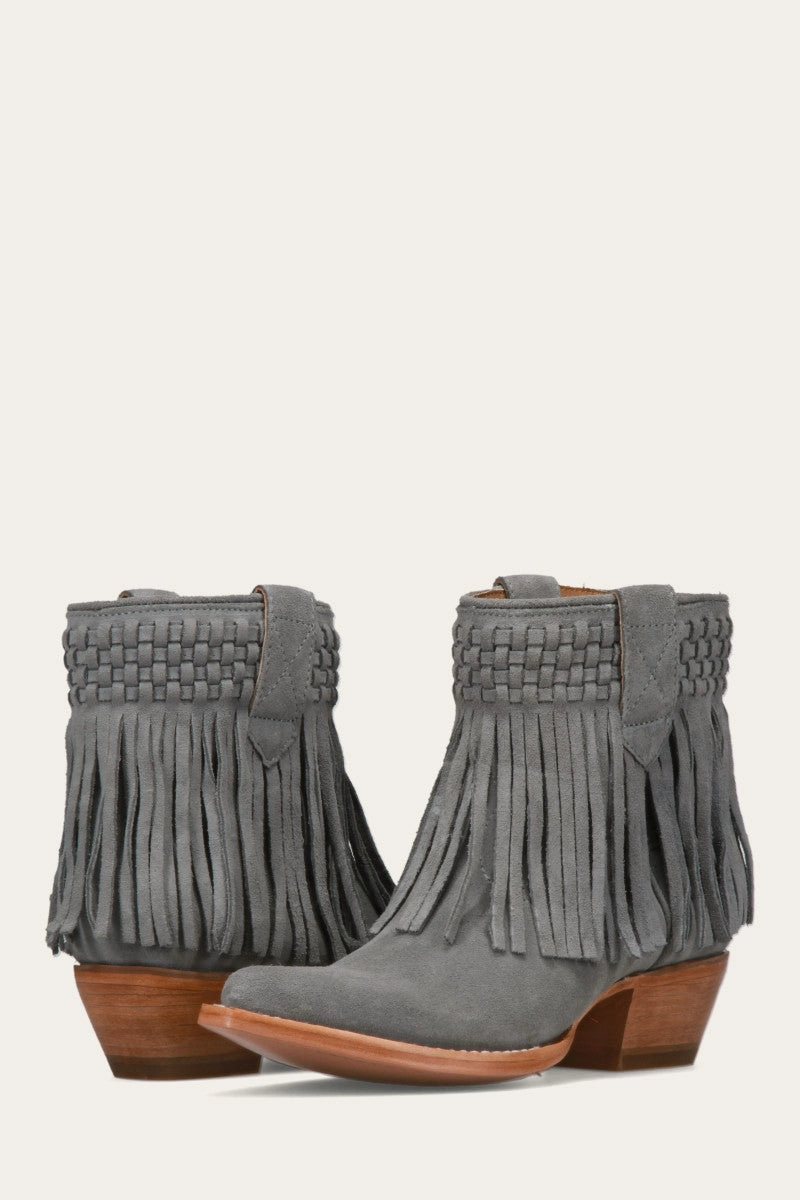 Sacha Short Fringe Bootie - Steel Blue - Pre-Loved