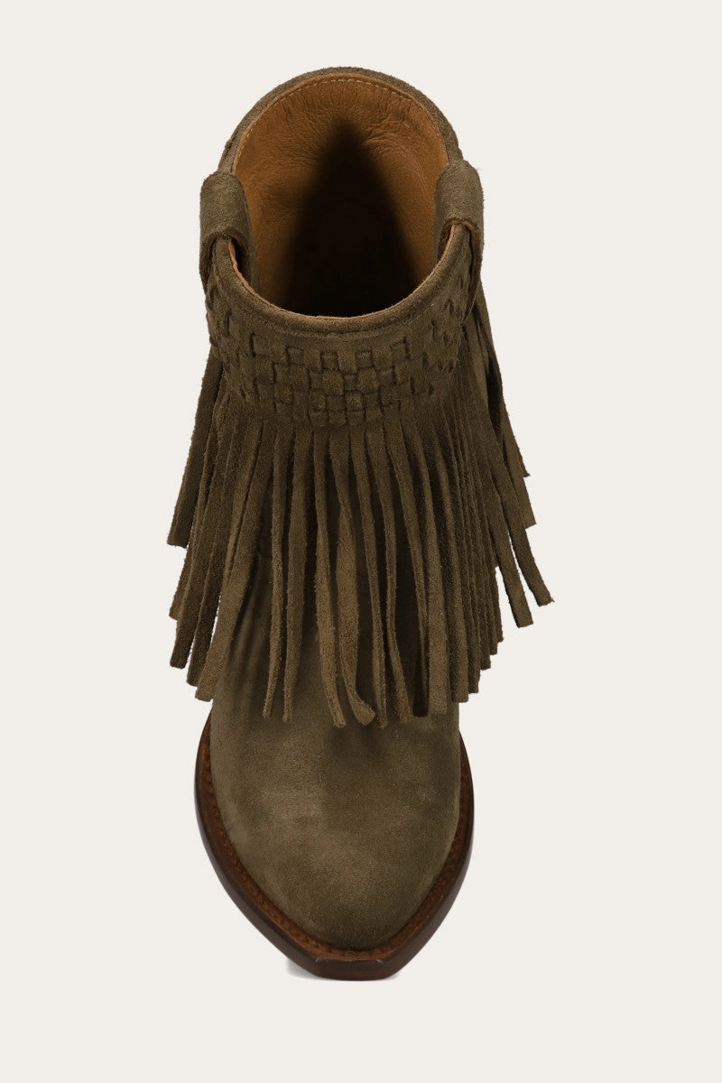 Sacha Short Fringe Bootie - Steel Blue - Pre-Loved