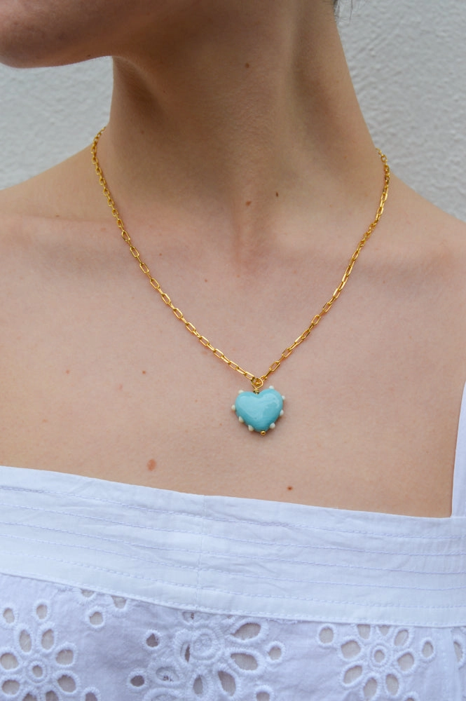 Sandralexandra Milagros Blue & Ivory Dot Heart & Link Chain Necklace