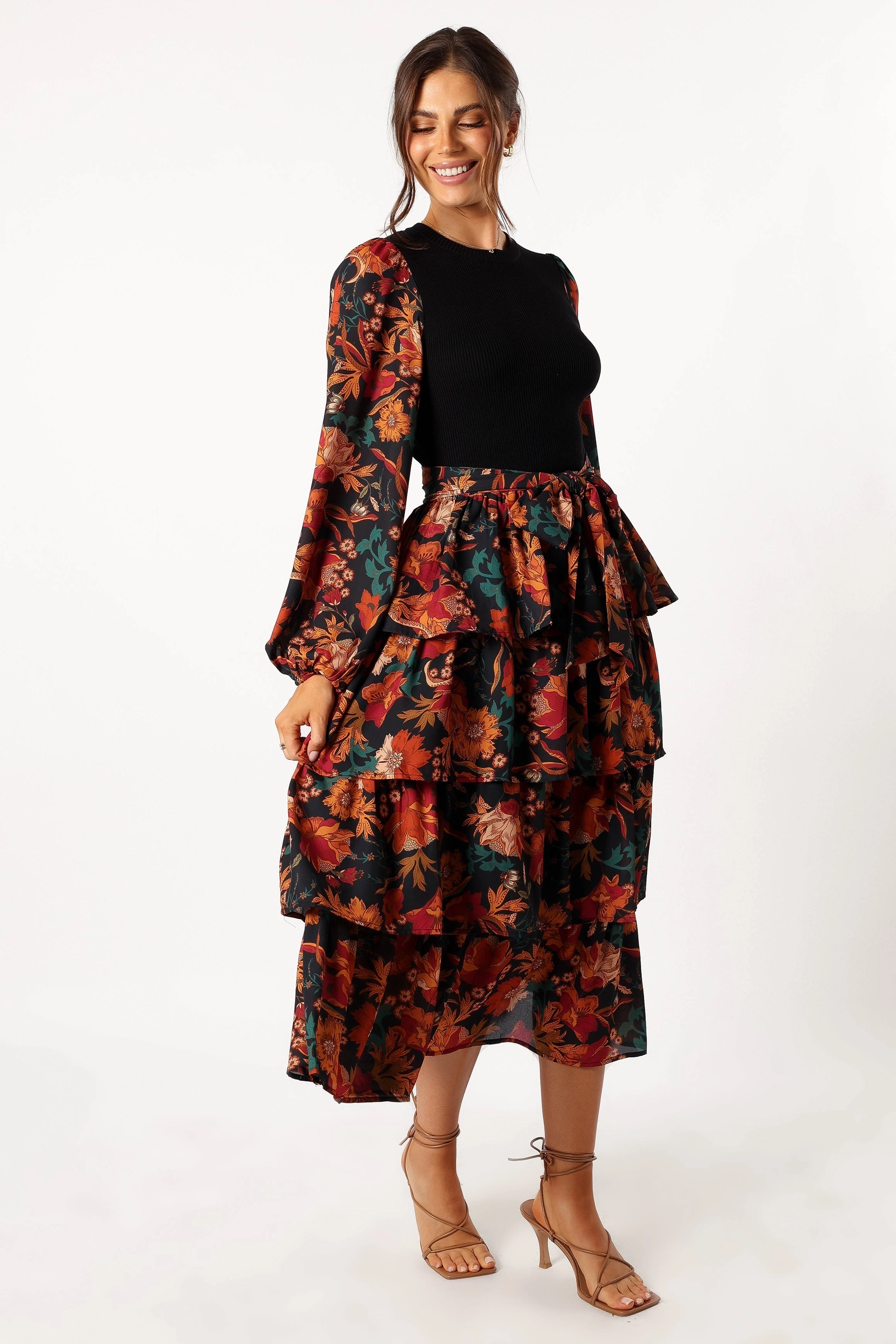 Sayge Frill Midi Dress - Black Floral