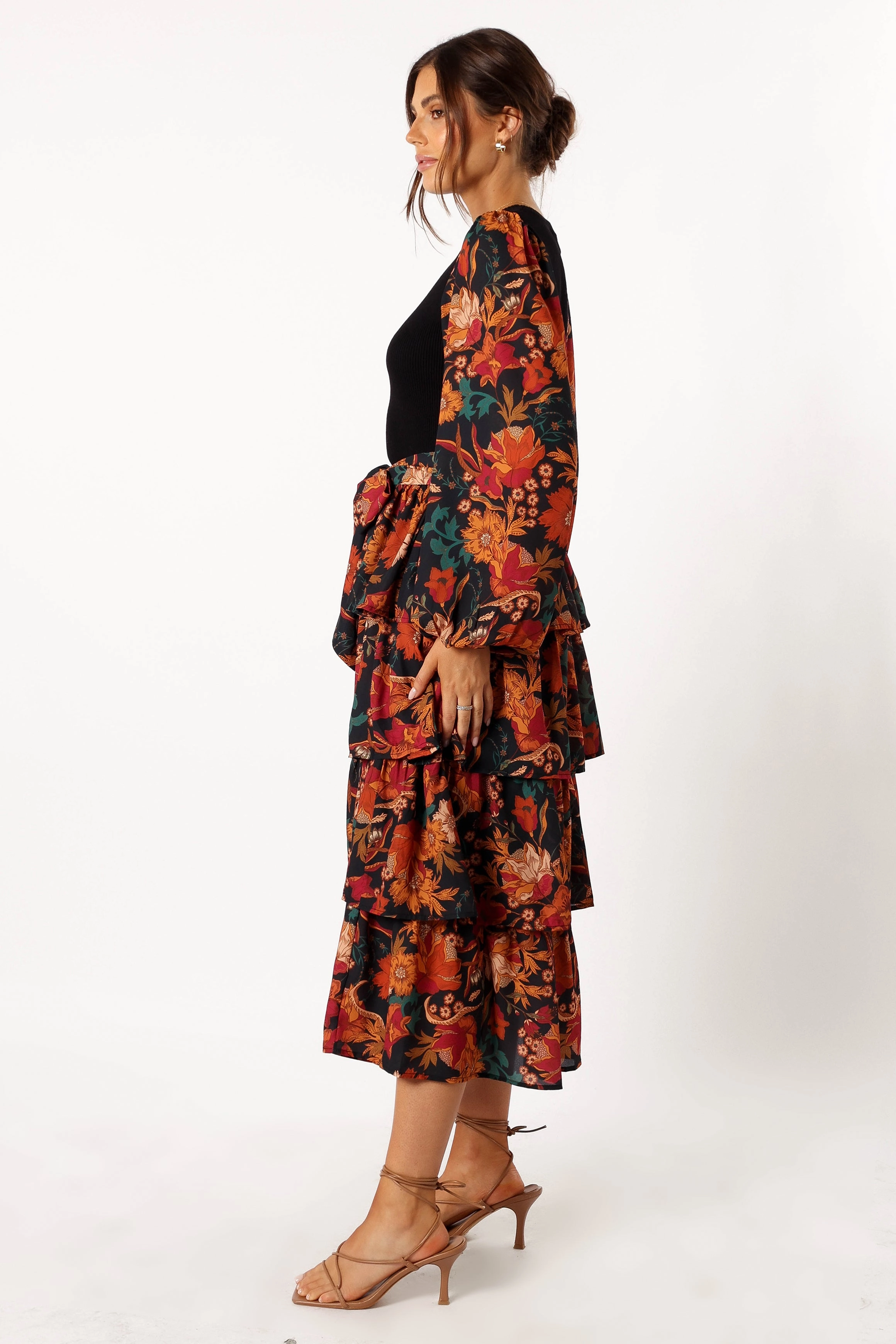 Sayge Frill Midi Dress - Black Floral