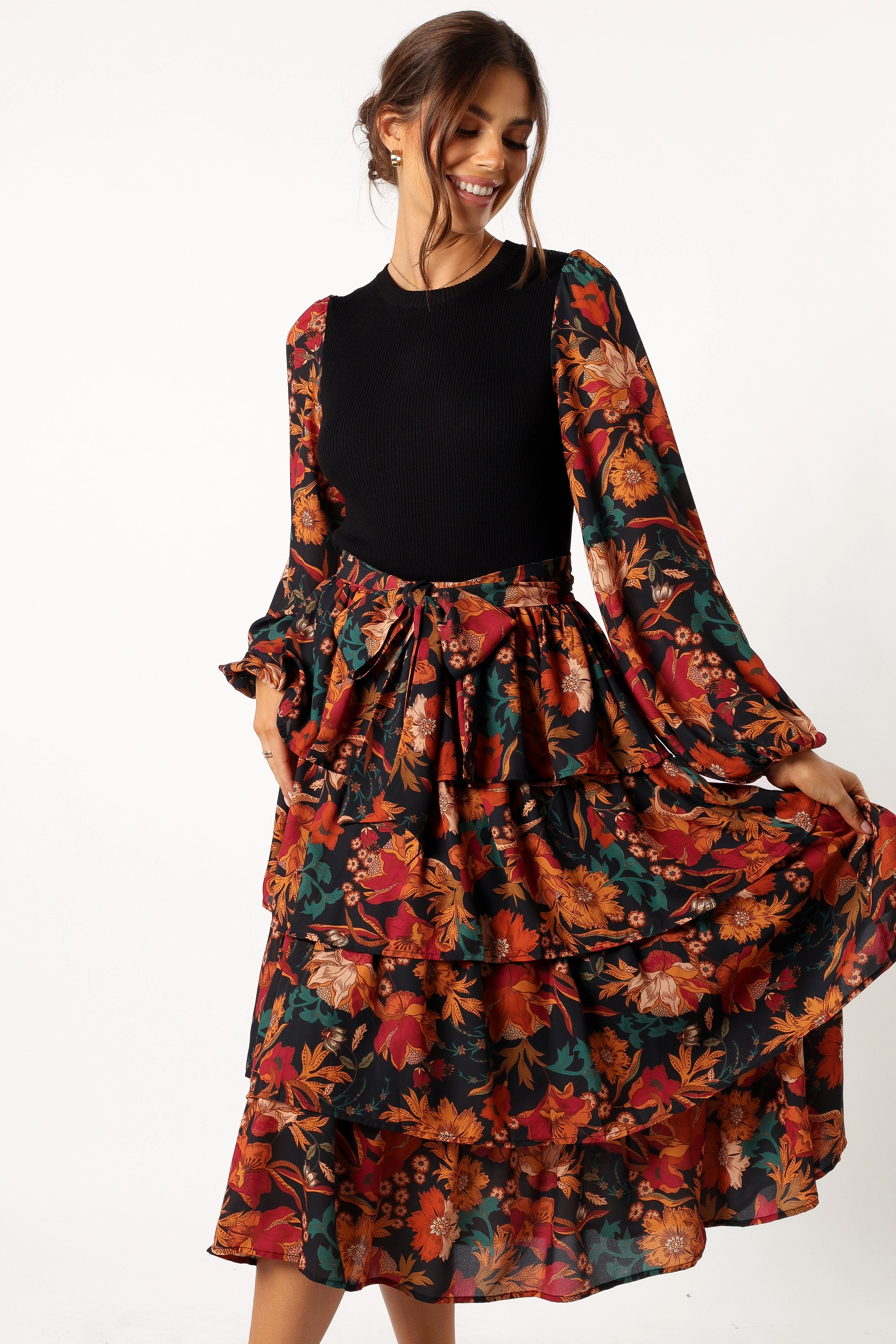 Sayge Frill Midi Dress - Black Floral