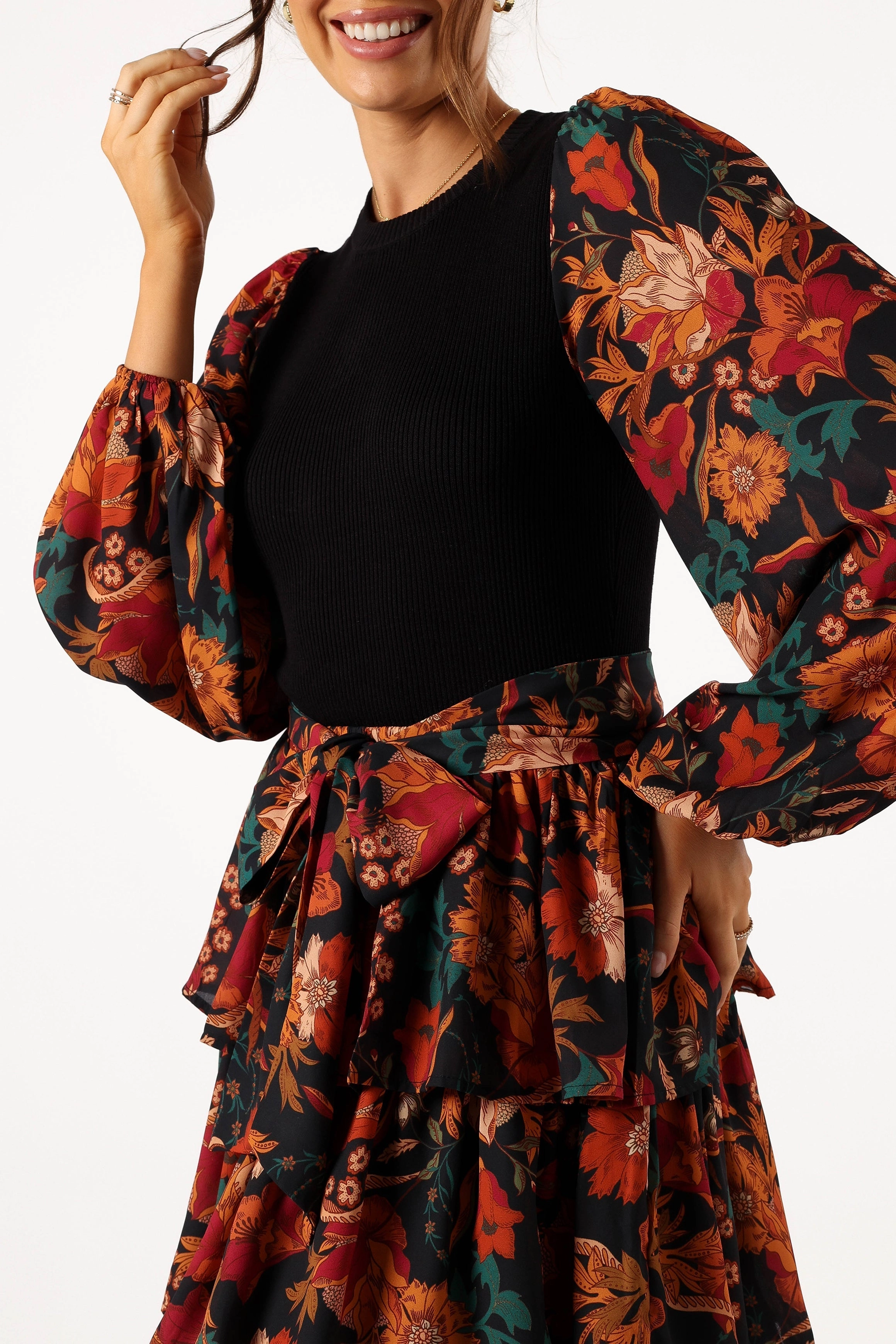 Sayge Frill Midi Dress - Black Floral