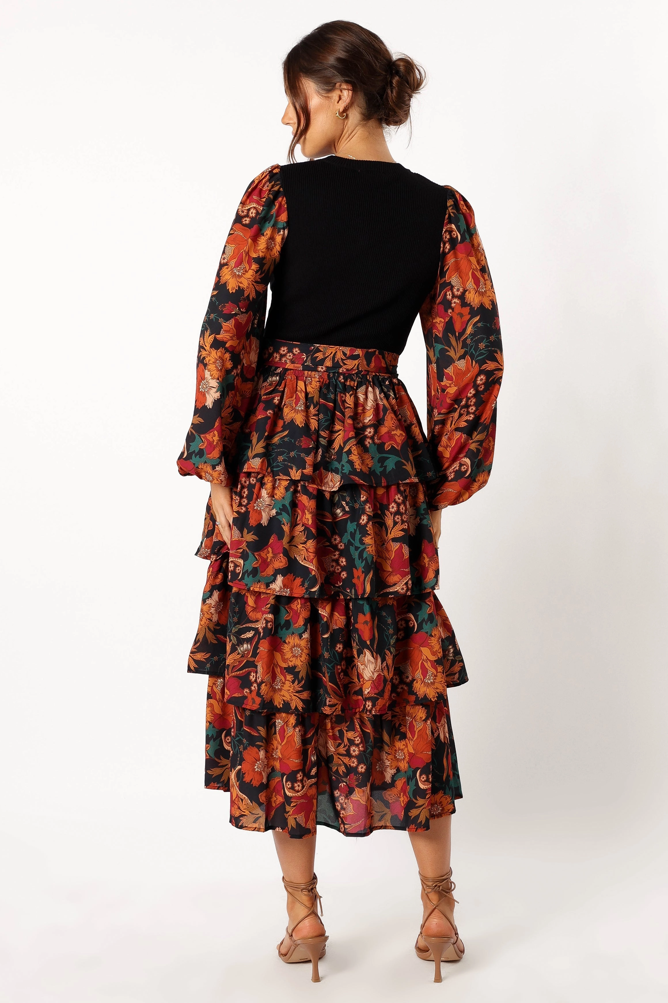 Sayge Frill Midi Dress - Black Floral