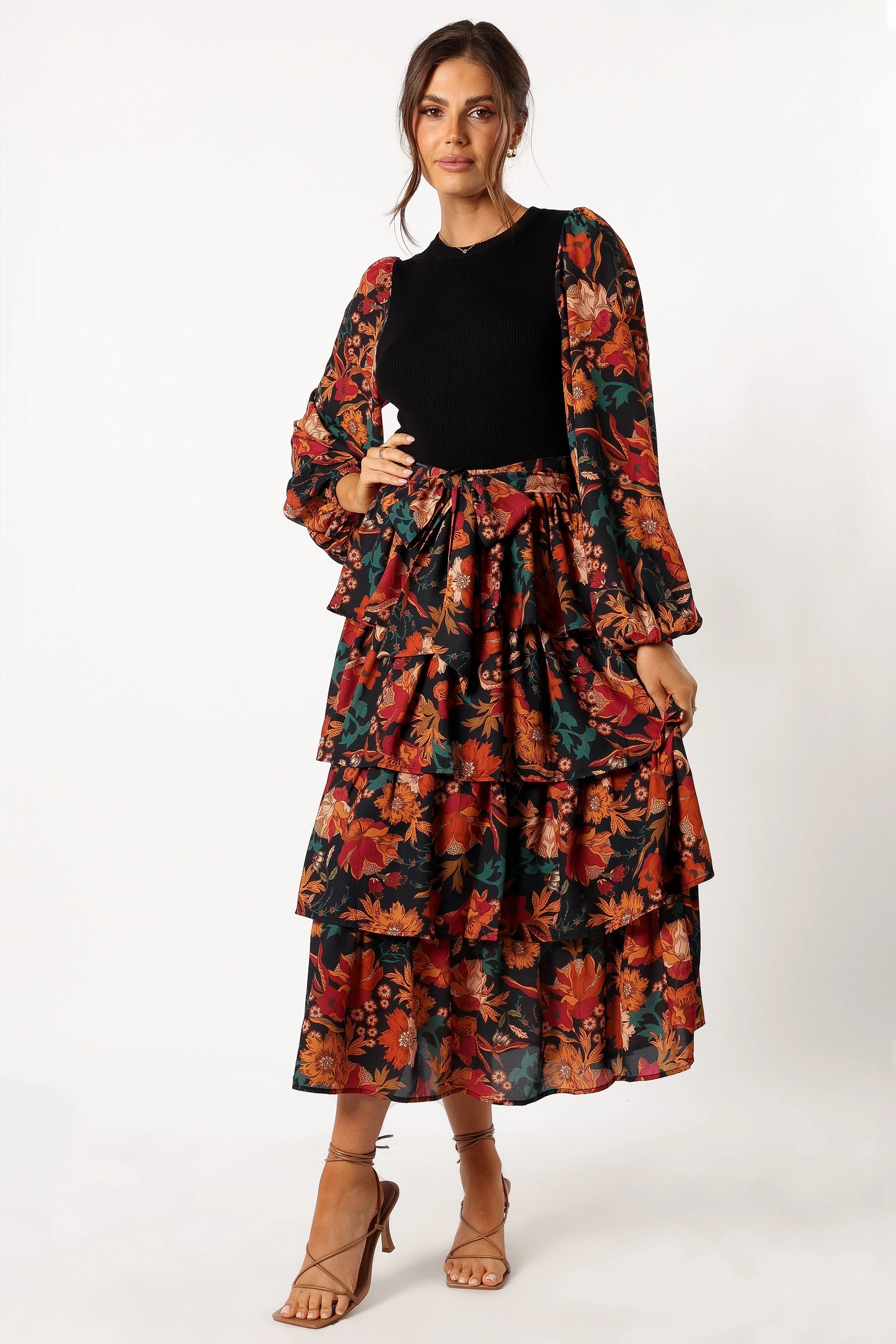 Sayge Frill Midi Dress - Black Floral
