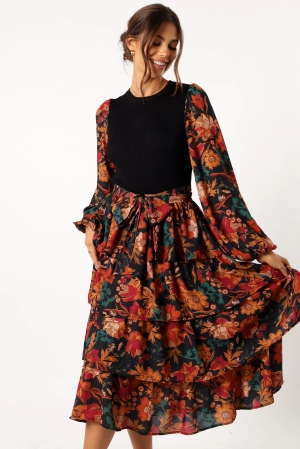 Sayge Frill Midi Dress - Black Floral
