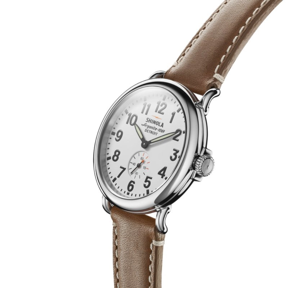 Shinola Runwell 41mm, White Dial/Brown Leather Strap