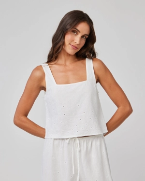 Square Neck Button Back Tank - White