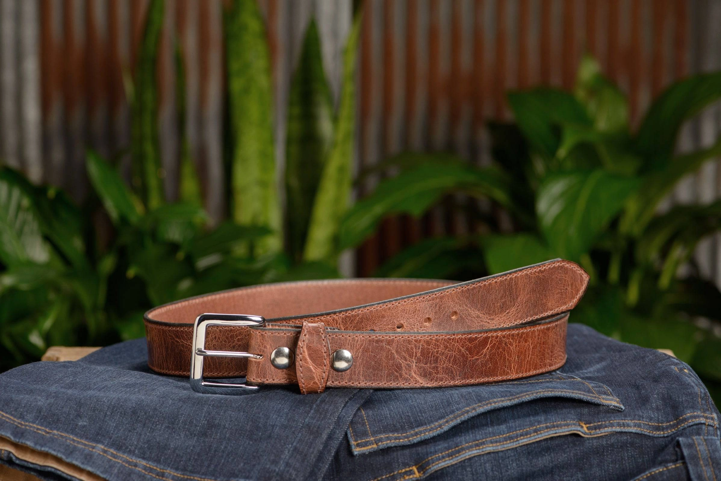 The Lakota: Rustic Brown Stitched Water Buffalo Leather Belt With Snaps 1.50"