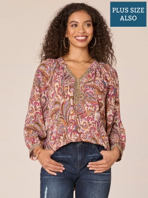 Three Quarter Blouson Sleeve V-Neck Beaded Detail Plus Size Woven Top