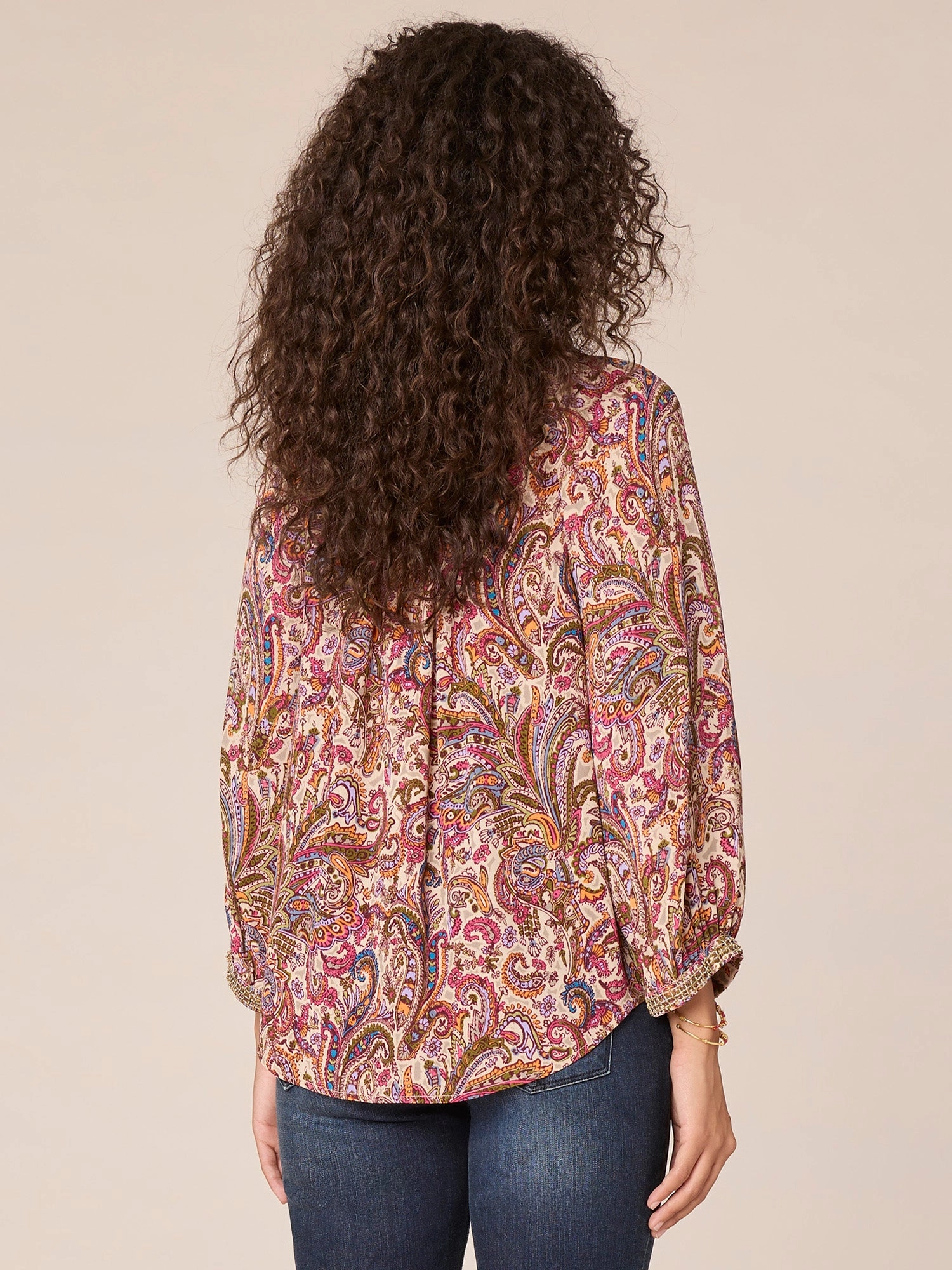 Three Quarter Blouson Sleeve V-Neck Beaded Detail Plus Size Woven Top