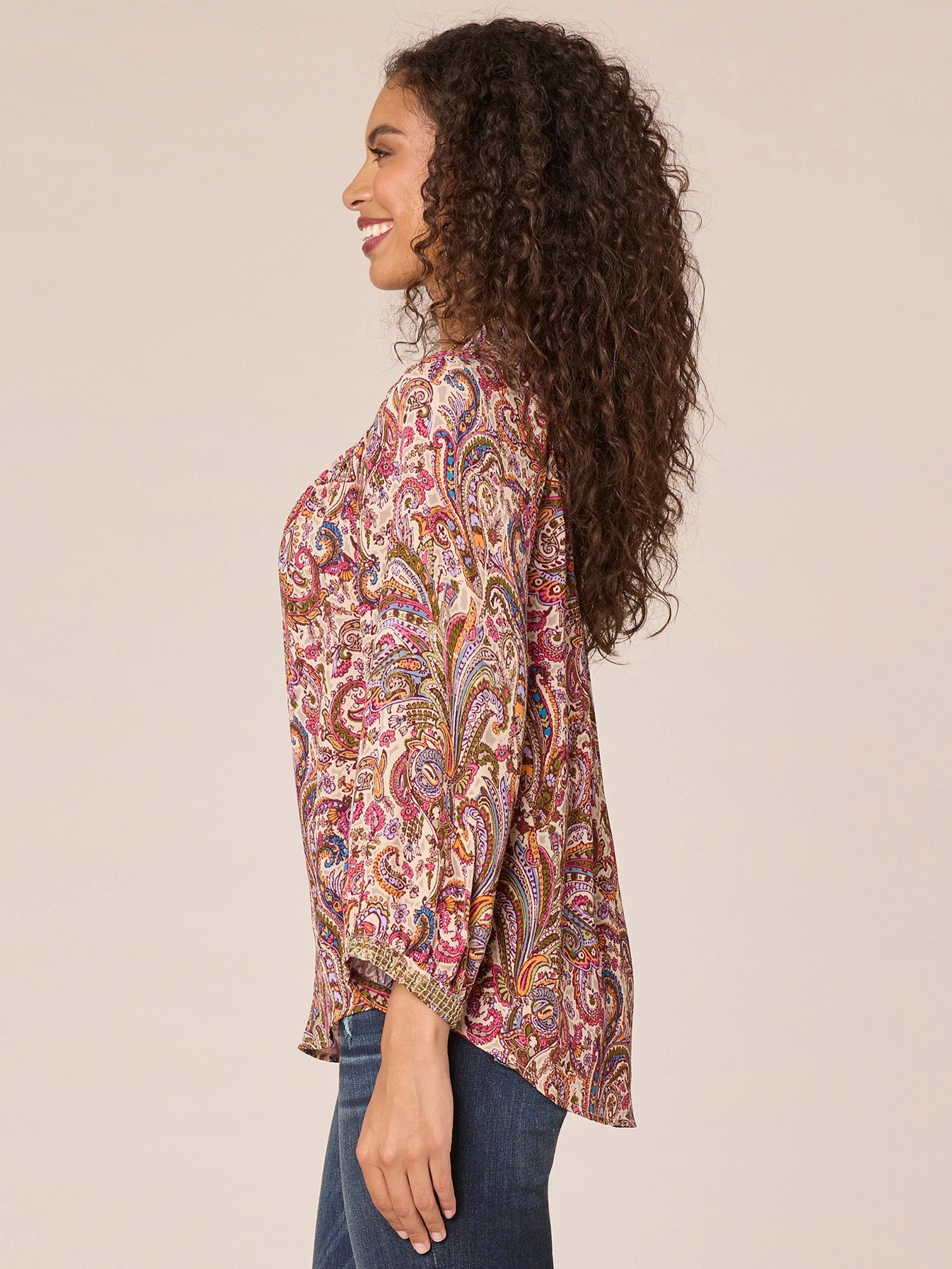 Three Quarter Blouson Sleeve V-Neck Beaded Detail Plus Size Woven Top