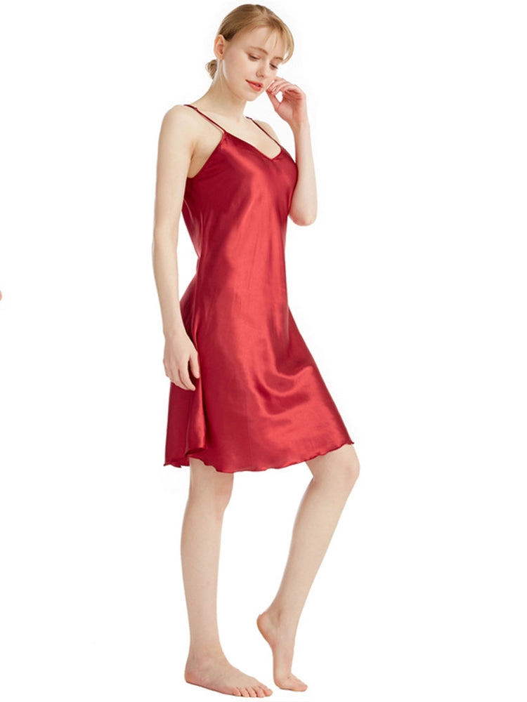 V Neck Knee Length Thin Sling Satin Nightdress