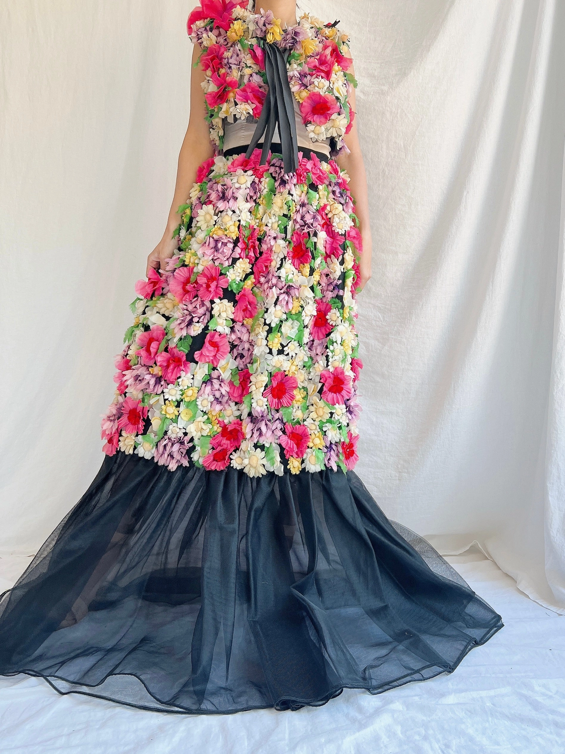 Vintage Adolfo Silk Organza Floral Gown XS