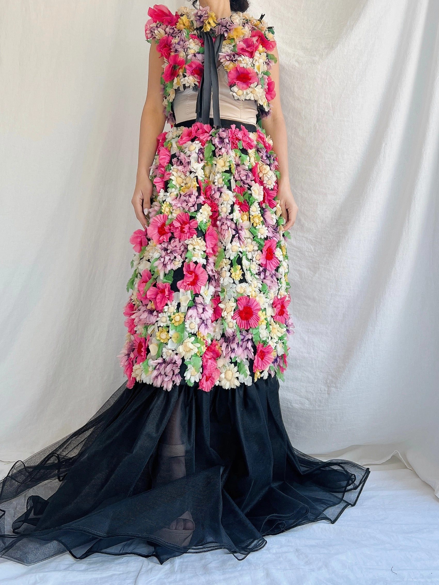 Vintage Adolfo Silk Organza Floral Gown XS