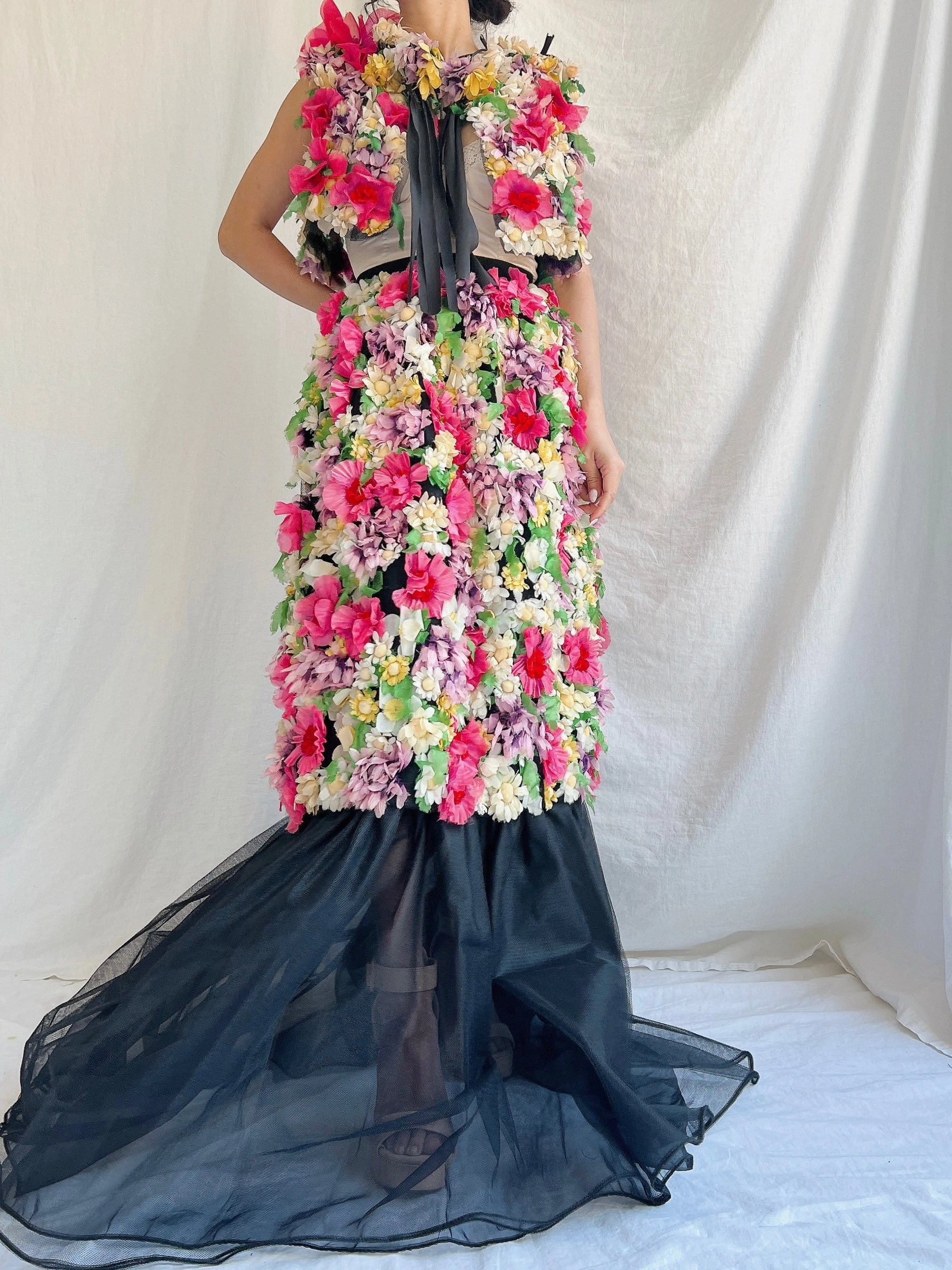 Vintage Adolfo Silk Organza Floral Gown XS