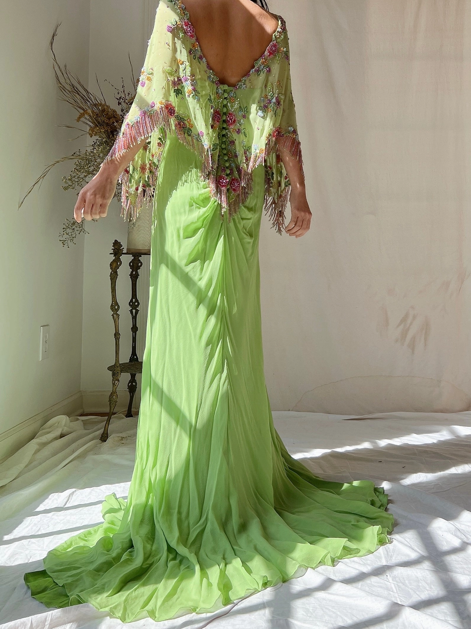 Vintage Chartreuse Belleville Sassoon Silk Cape Dress - XL/UK18
