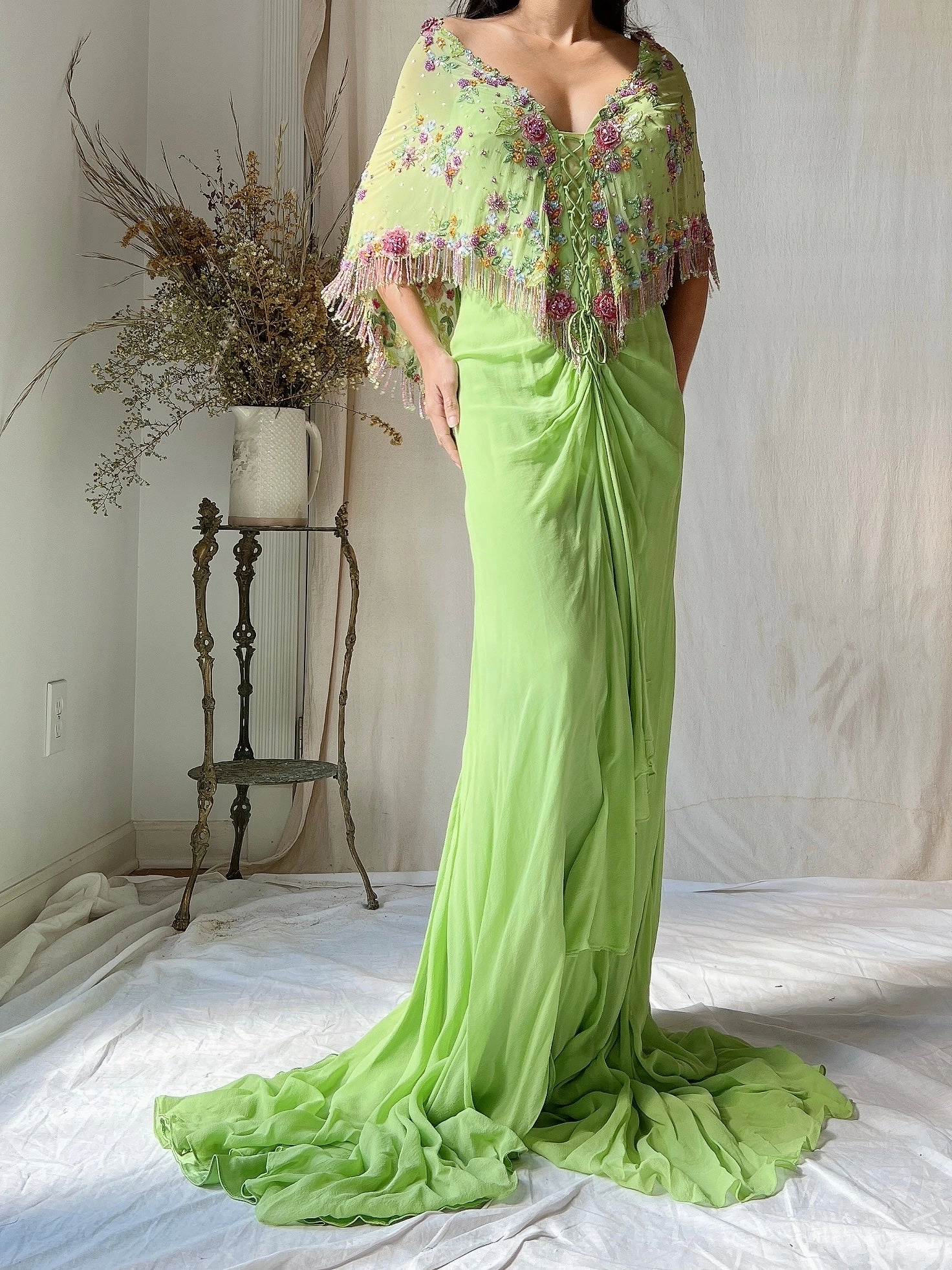 Vintage Chartreuse Belleville Sassoon Silk Cape Dress - XL/UK18