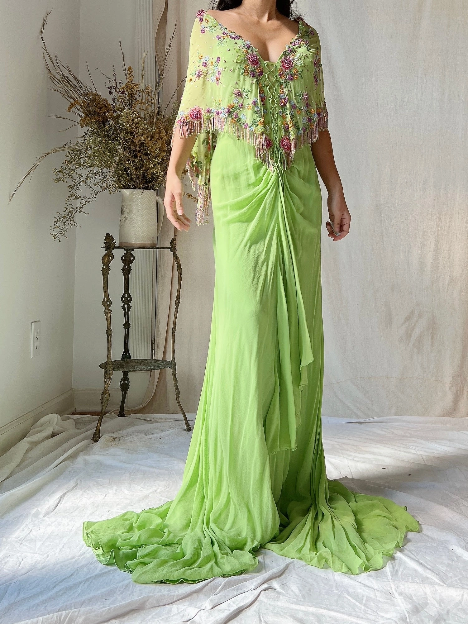 Vintage Chartreuse Belleville Sassoon Silk Cape Dress - XL/UK18