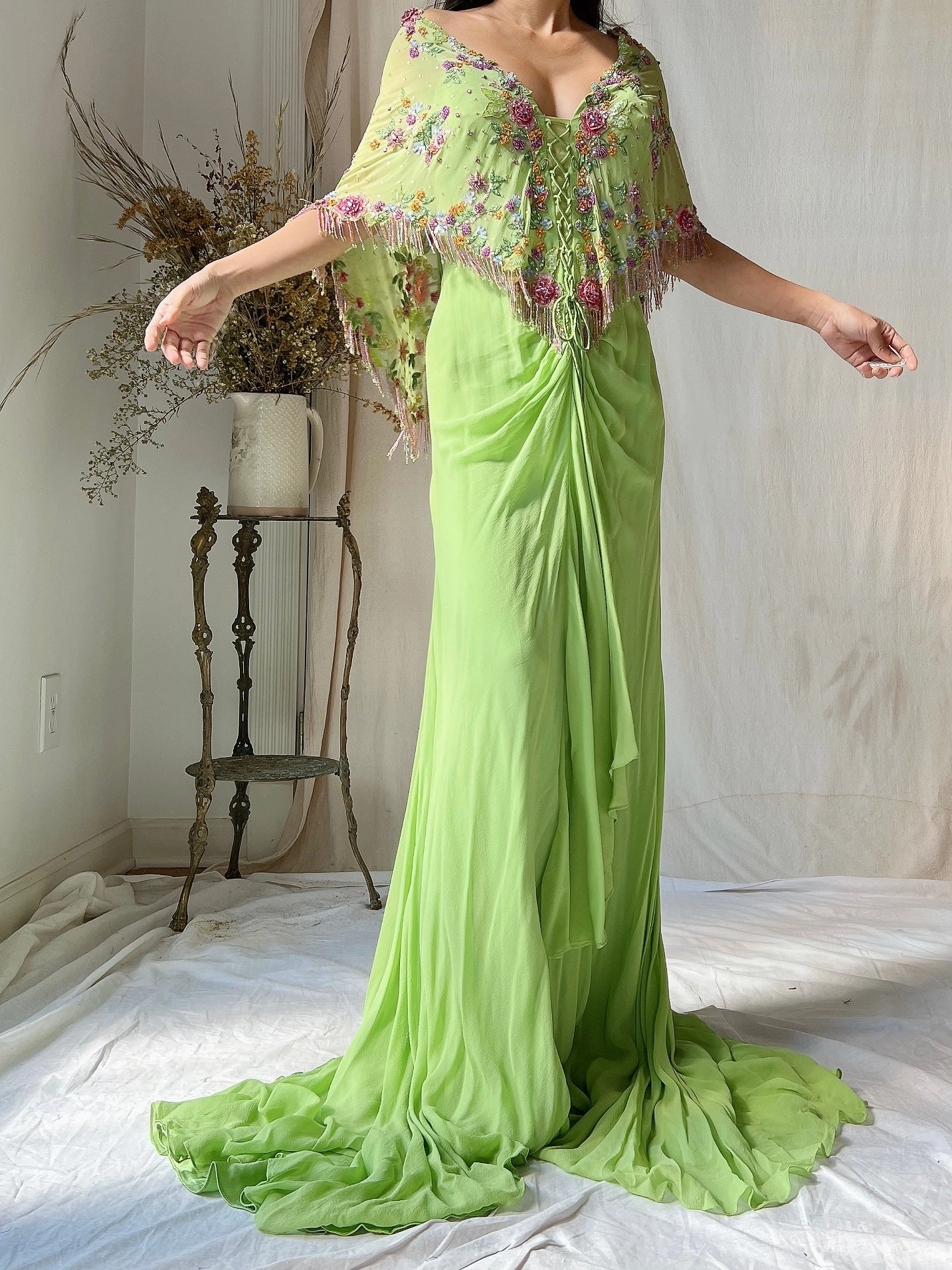 Vintage Chartreuse Belleville Sassoon Silk Cape Dress - XL/UK18