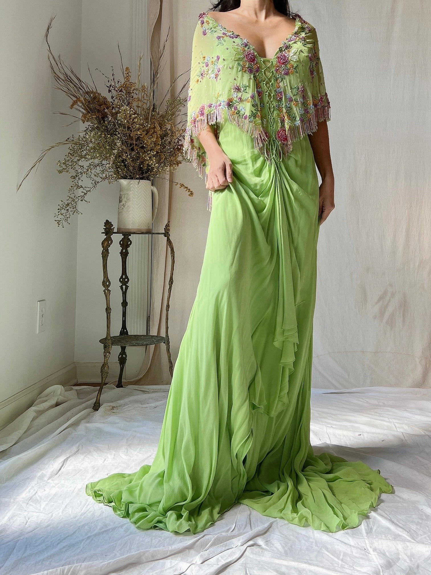 Vintage Chartreuse Belleville Sassoon Silk Cape Dress - XL/UK18