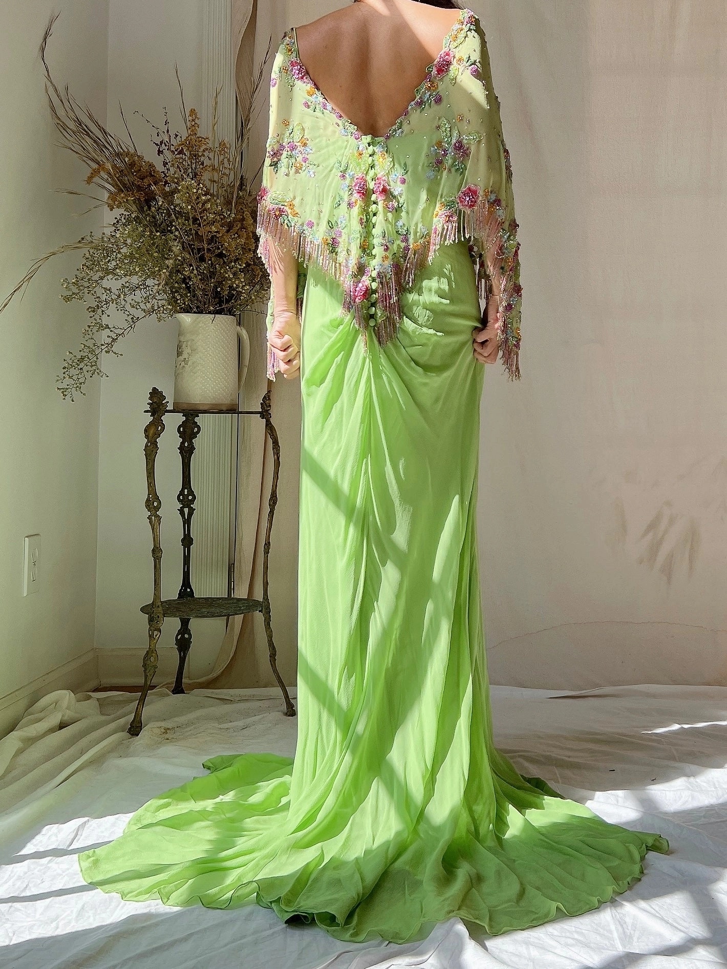 Vintage Chartreuse Belleville Sassoon Silk Cape Dress - XL/UK18