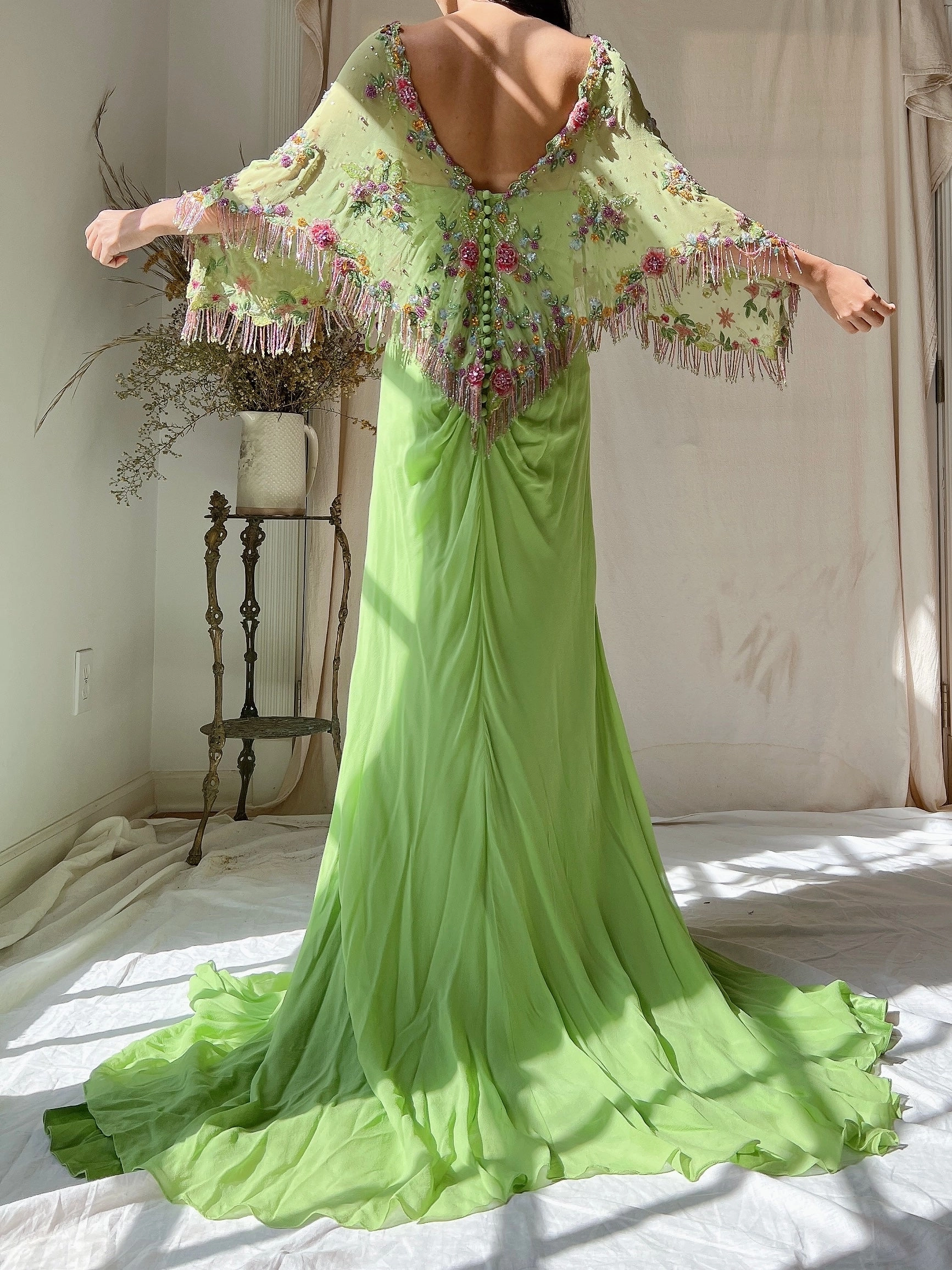Vintage Chartreuse Belleville Sassoon Silk Cape Dress - XL/UK18