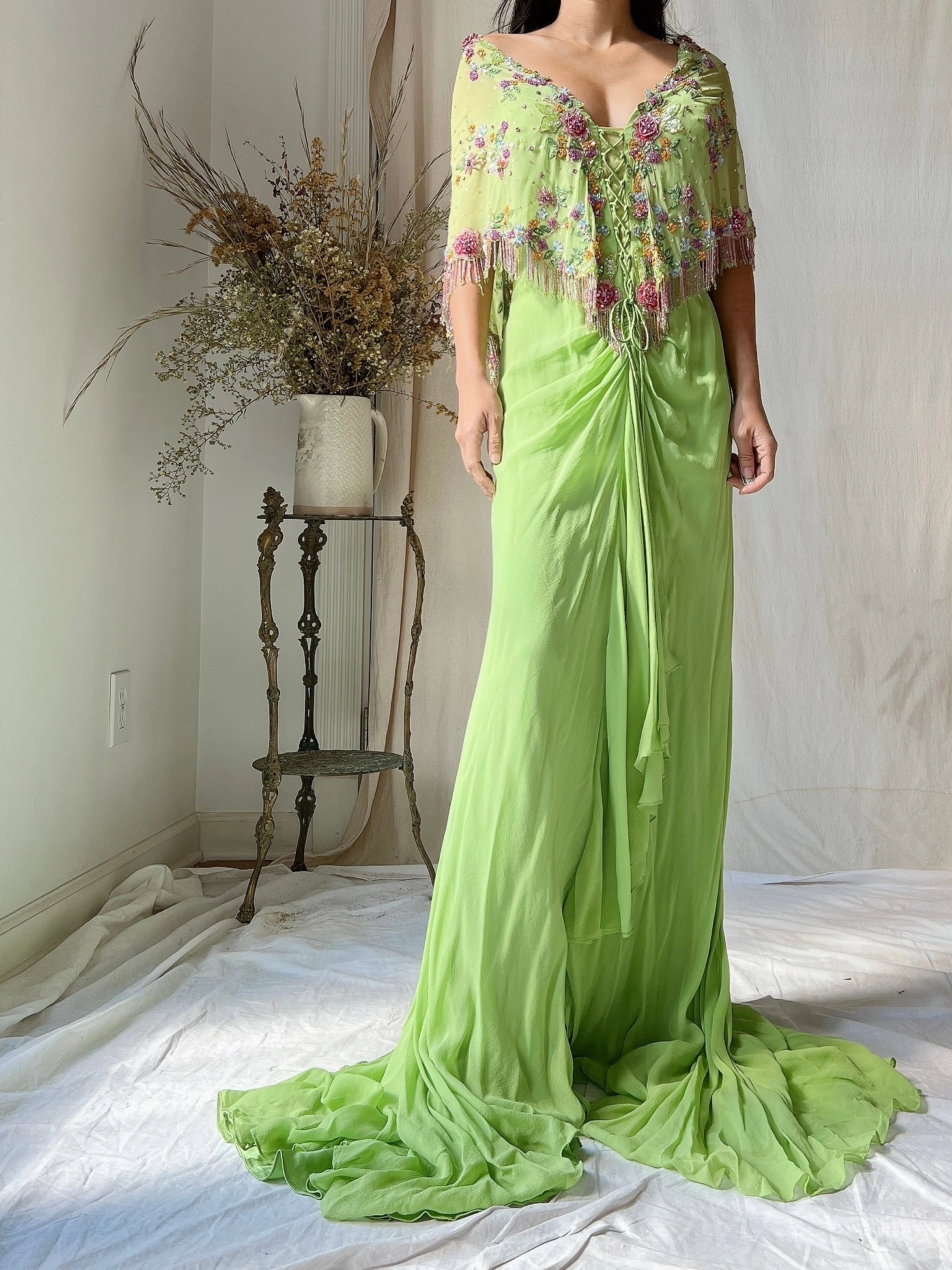 Vintage Chartreuse Belleville Sassoon Silk Cape Dress - XL/UK18