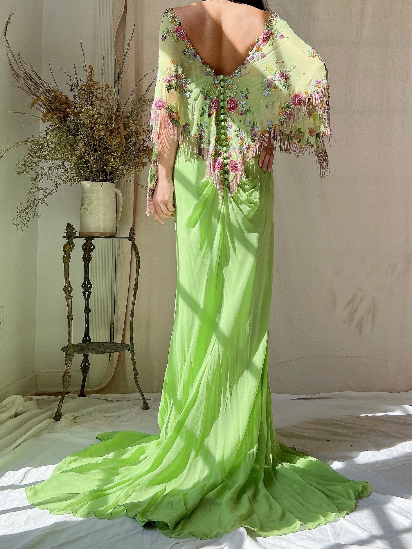 Vintage Chartreuse Belleville Sassoon Silk Cape Dress - XL/UK18