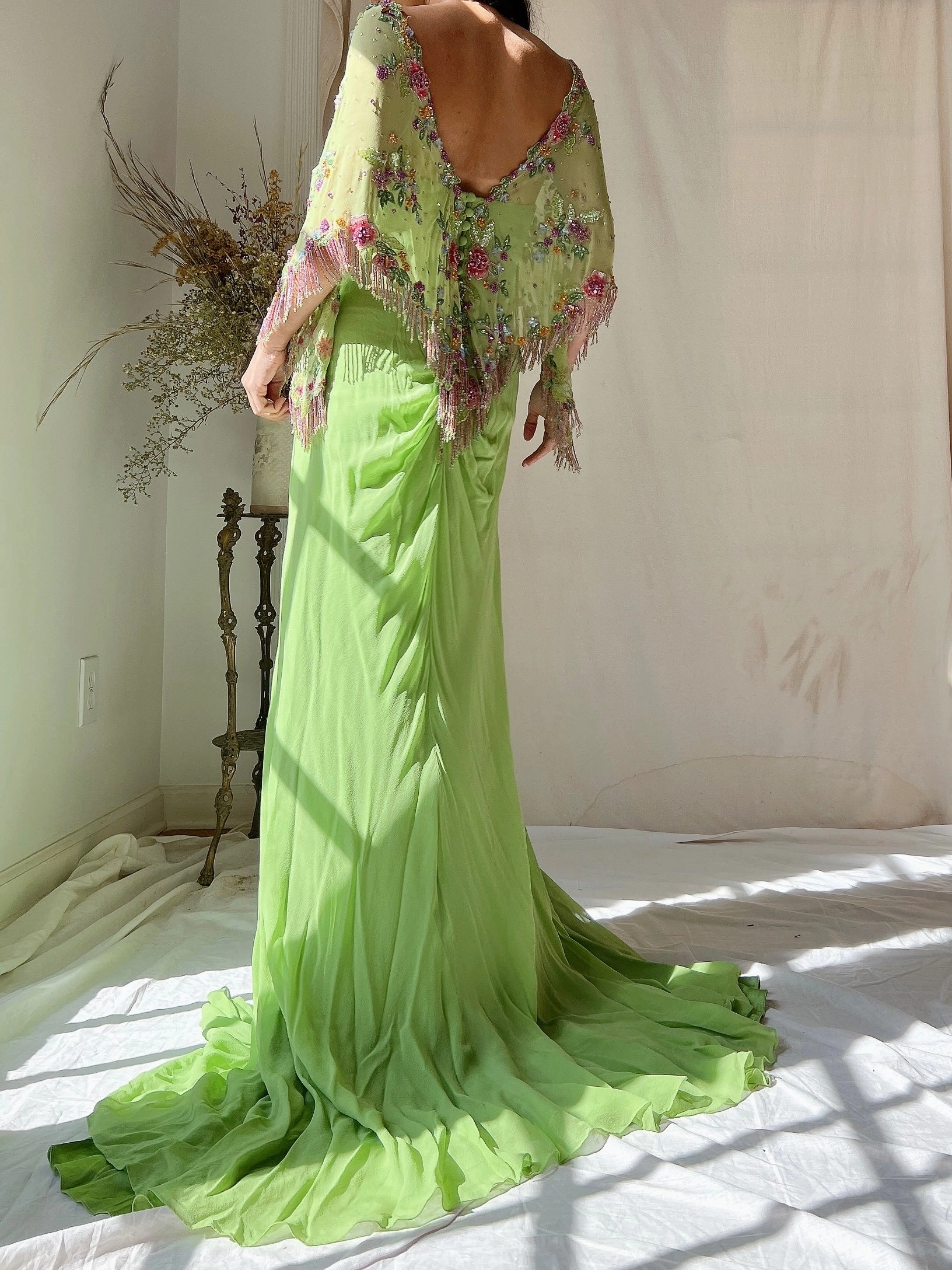 Vintage Chartreuse Belleville Sassoon Silk Cape Dress - XL/UK18