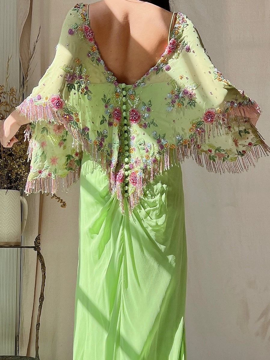 Vintage Chartreuse Belleville Sassoon Silk Cape Dress - XL/UK18