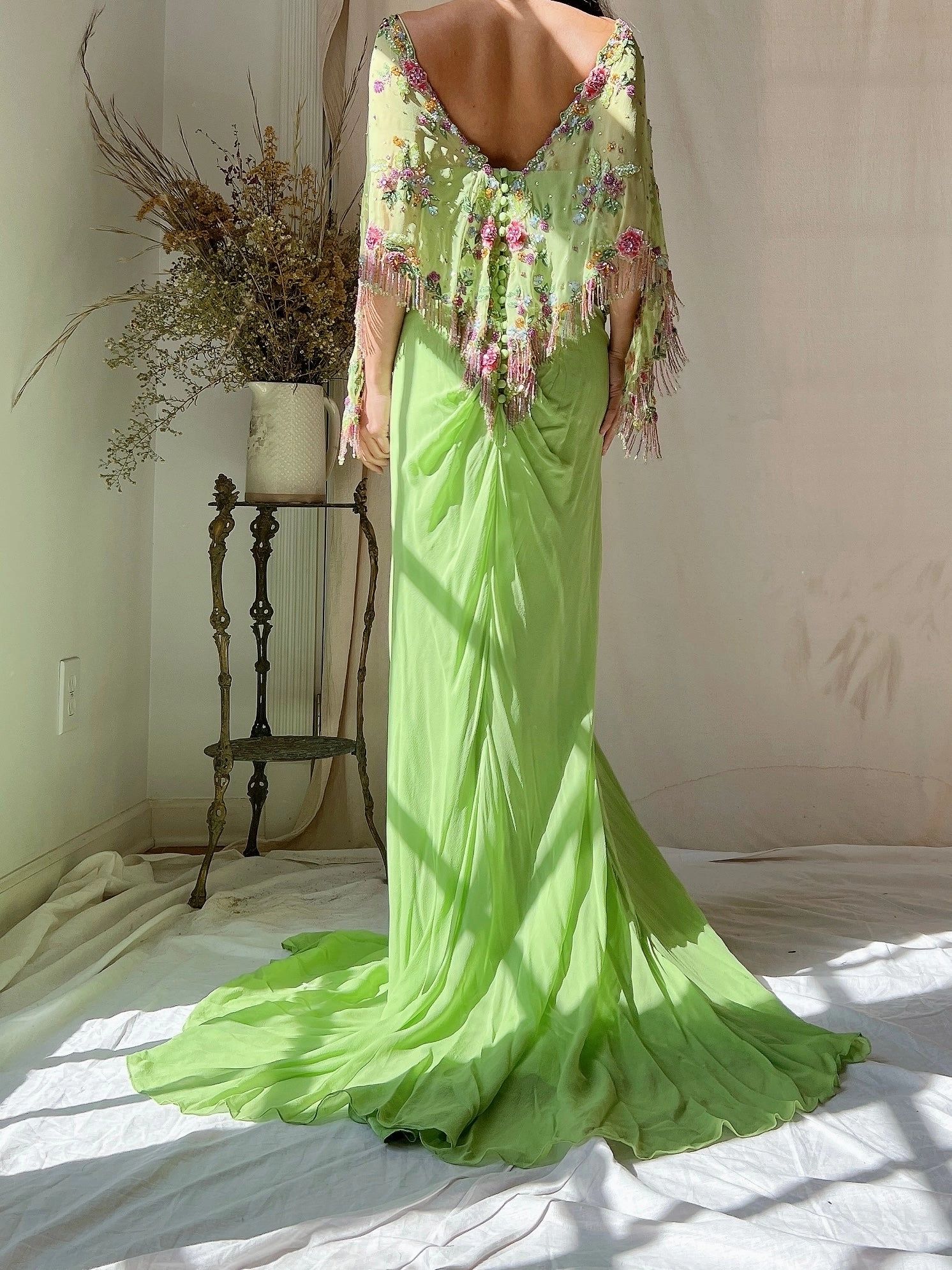 Vintage Chartreuse Belleville Sassoon Silk Cape Dress - XL/UK18