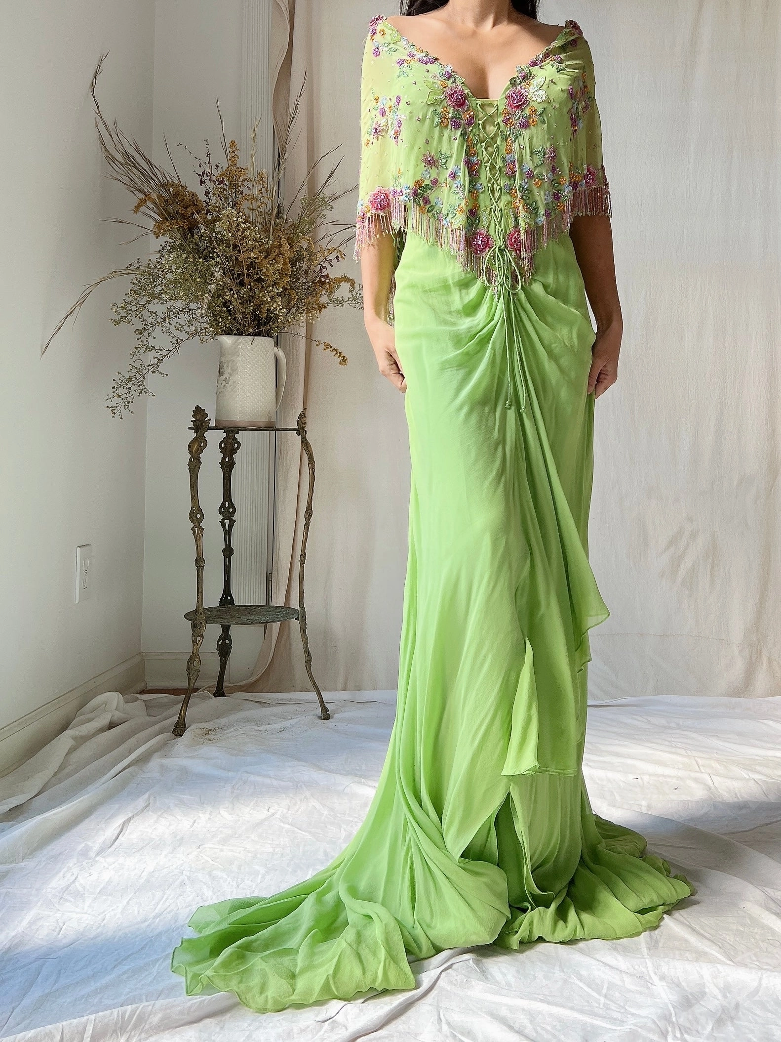 Vintage Chartreuse Belleville Sassoon Silk Cape Dress - XL/UK18