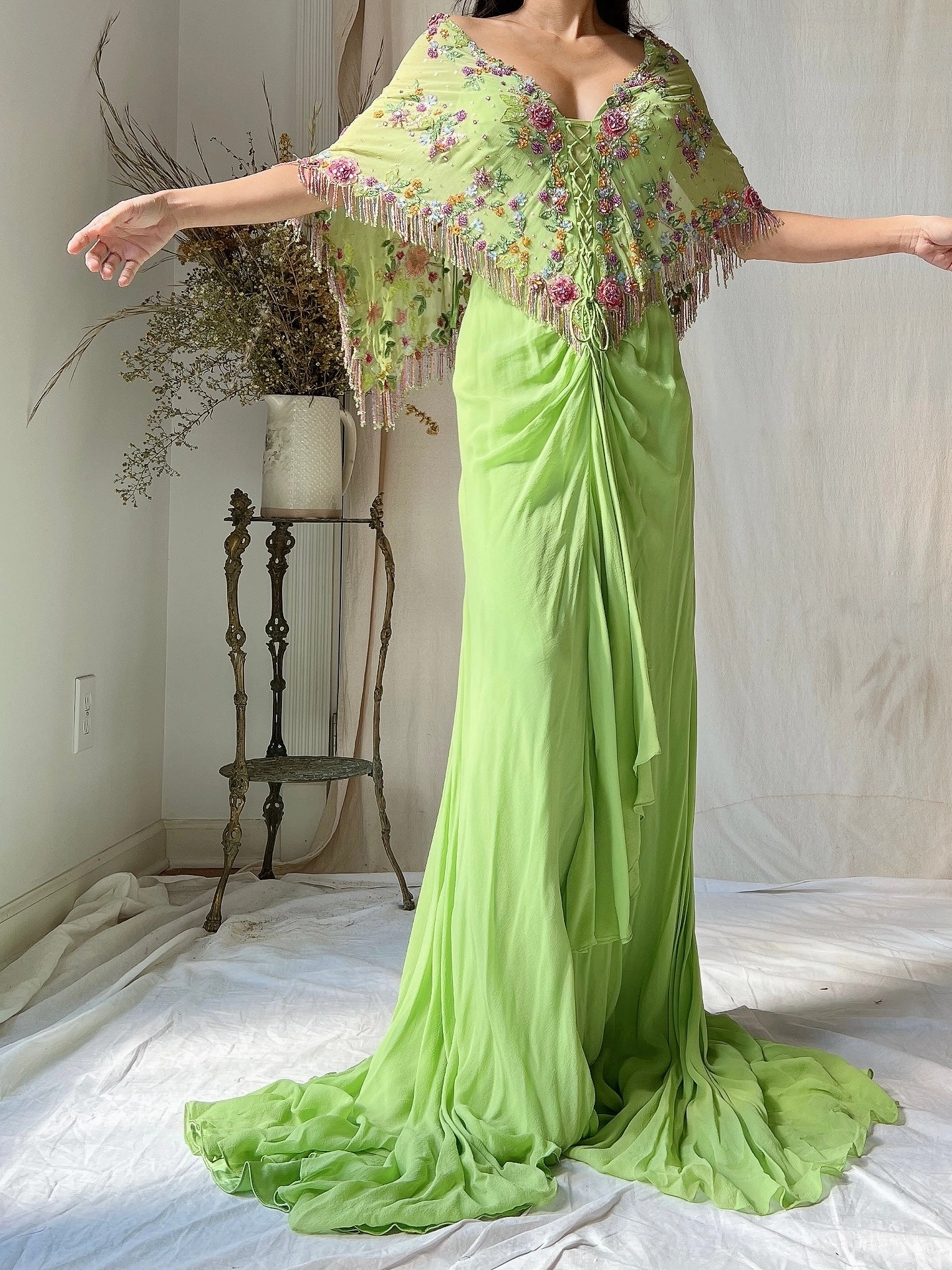 Vintage Chartreuse Belleville Sassoon Silk Cape Dress - XL/UK18