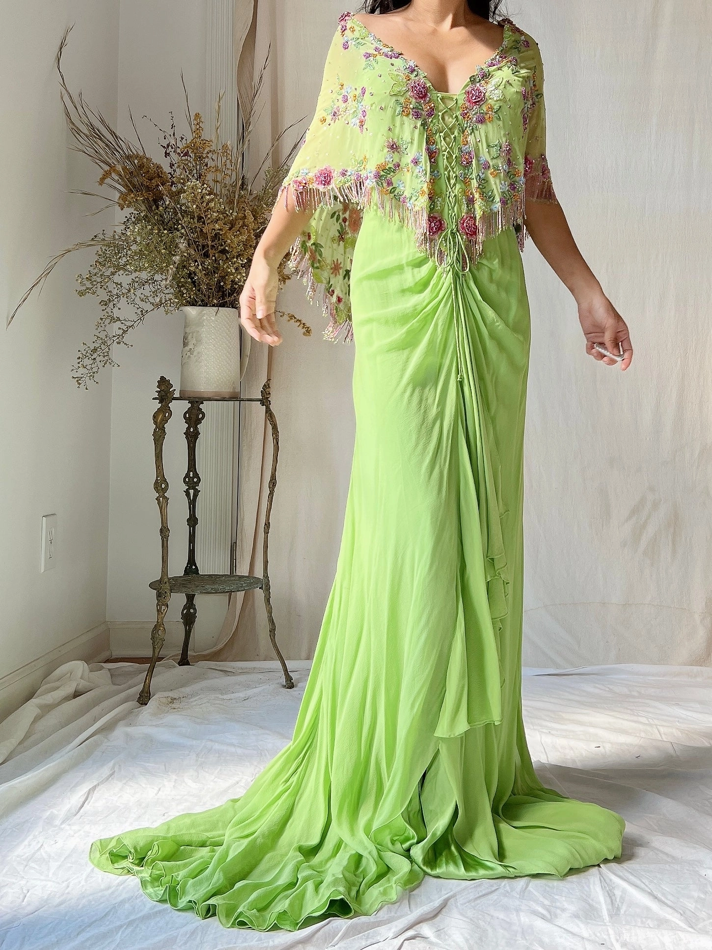 Vintage Chartreuse Belleville Sassoon Silk Cape Dress - XL/UK18