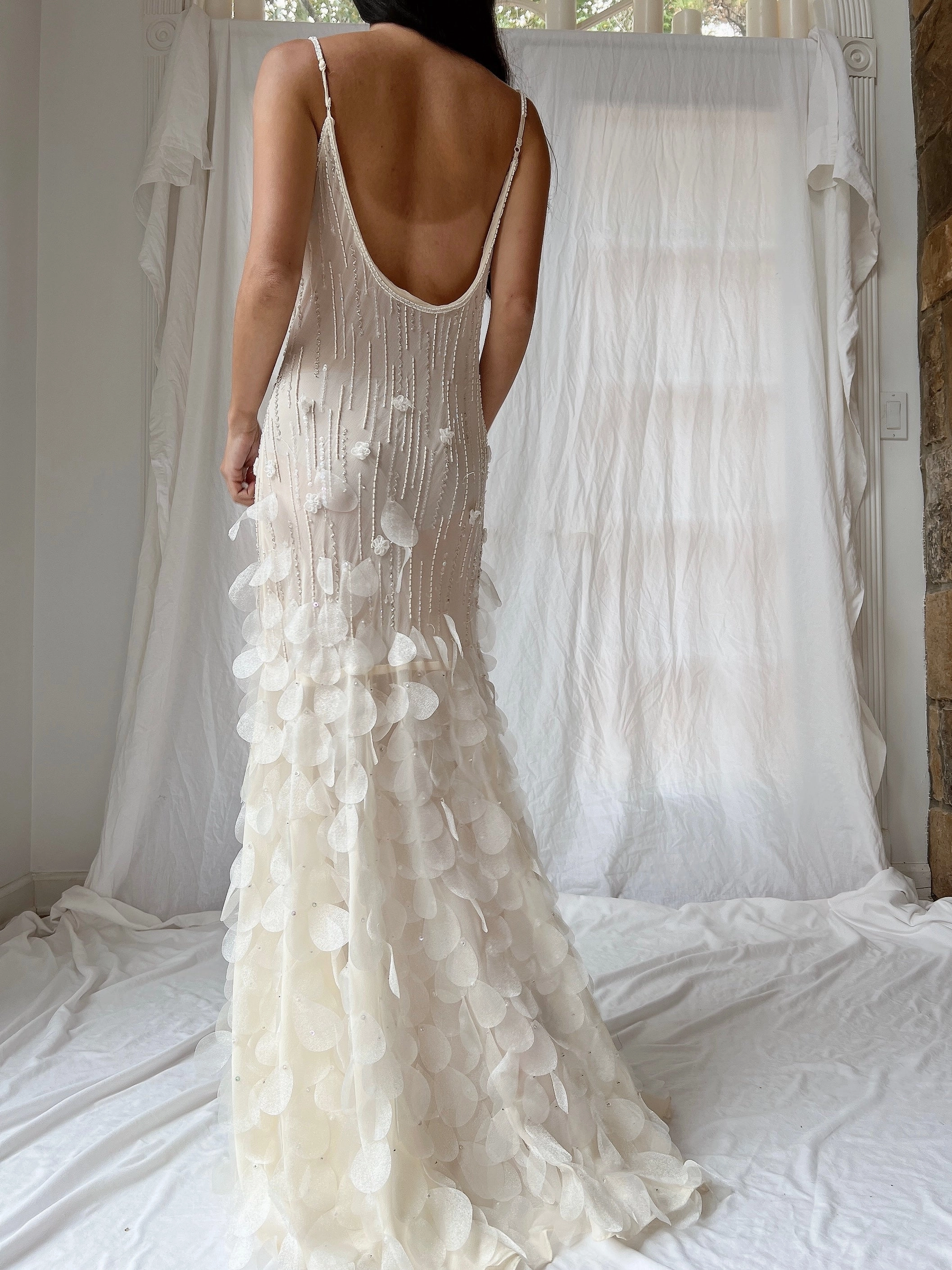 Vintage Chiffon Petal Beaded Dress - S/M
