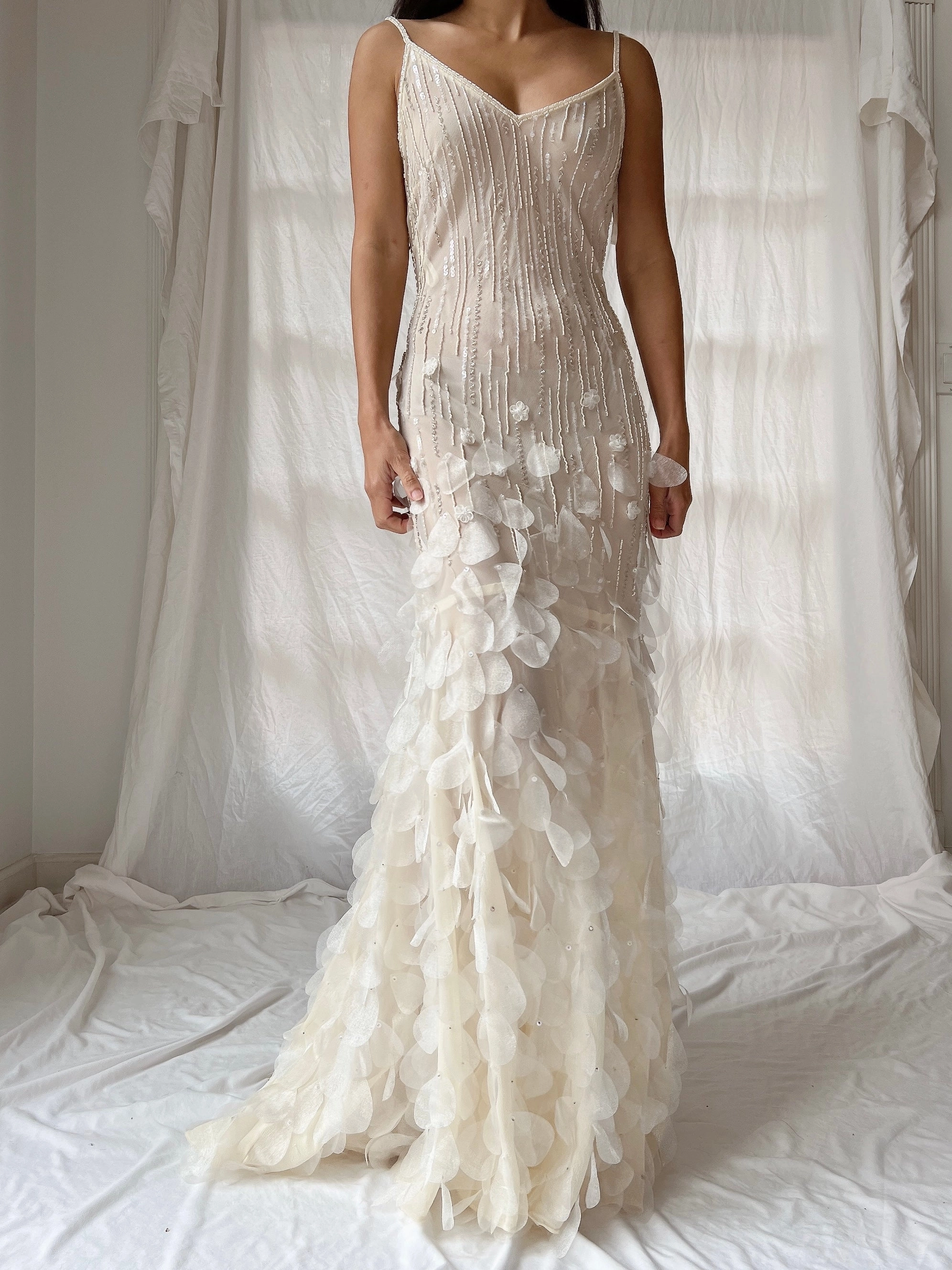 Vintage Chiffon Petal Beaded Dress - S/M