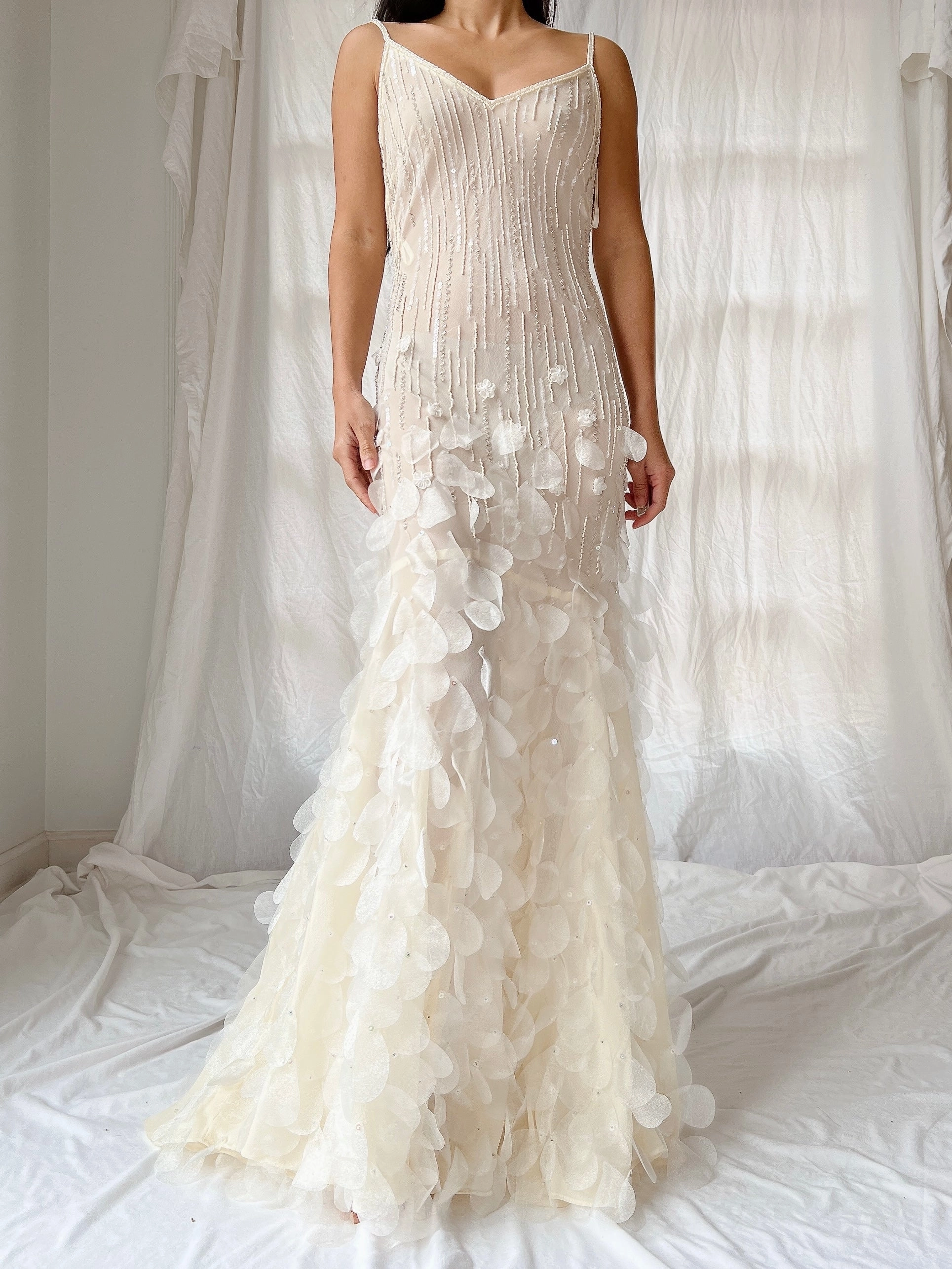 Vintage Chiffon Petal Beaded Dress - S/M