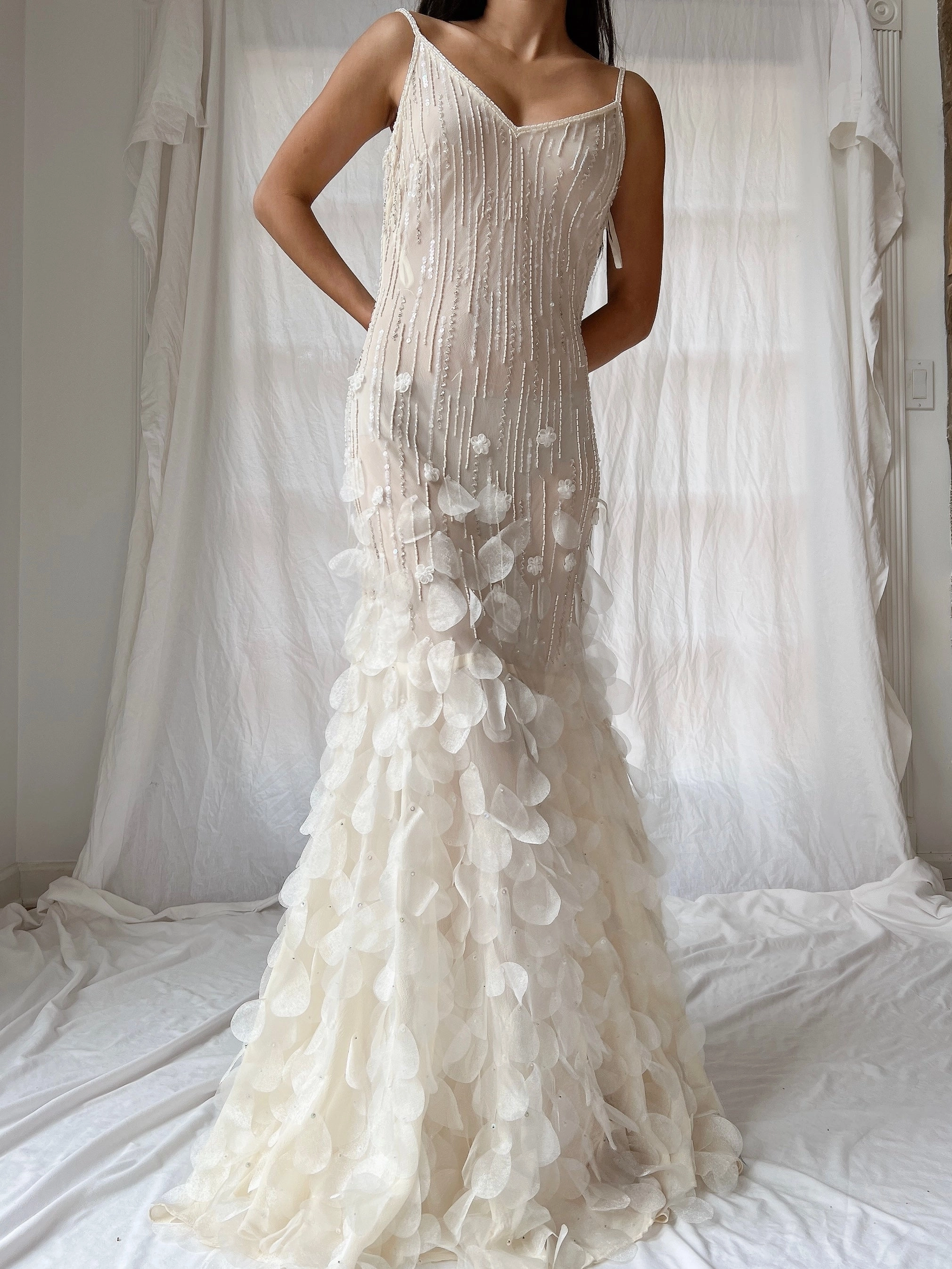 Vintage Chiffon Petal Beaded Dress - S/M
